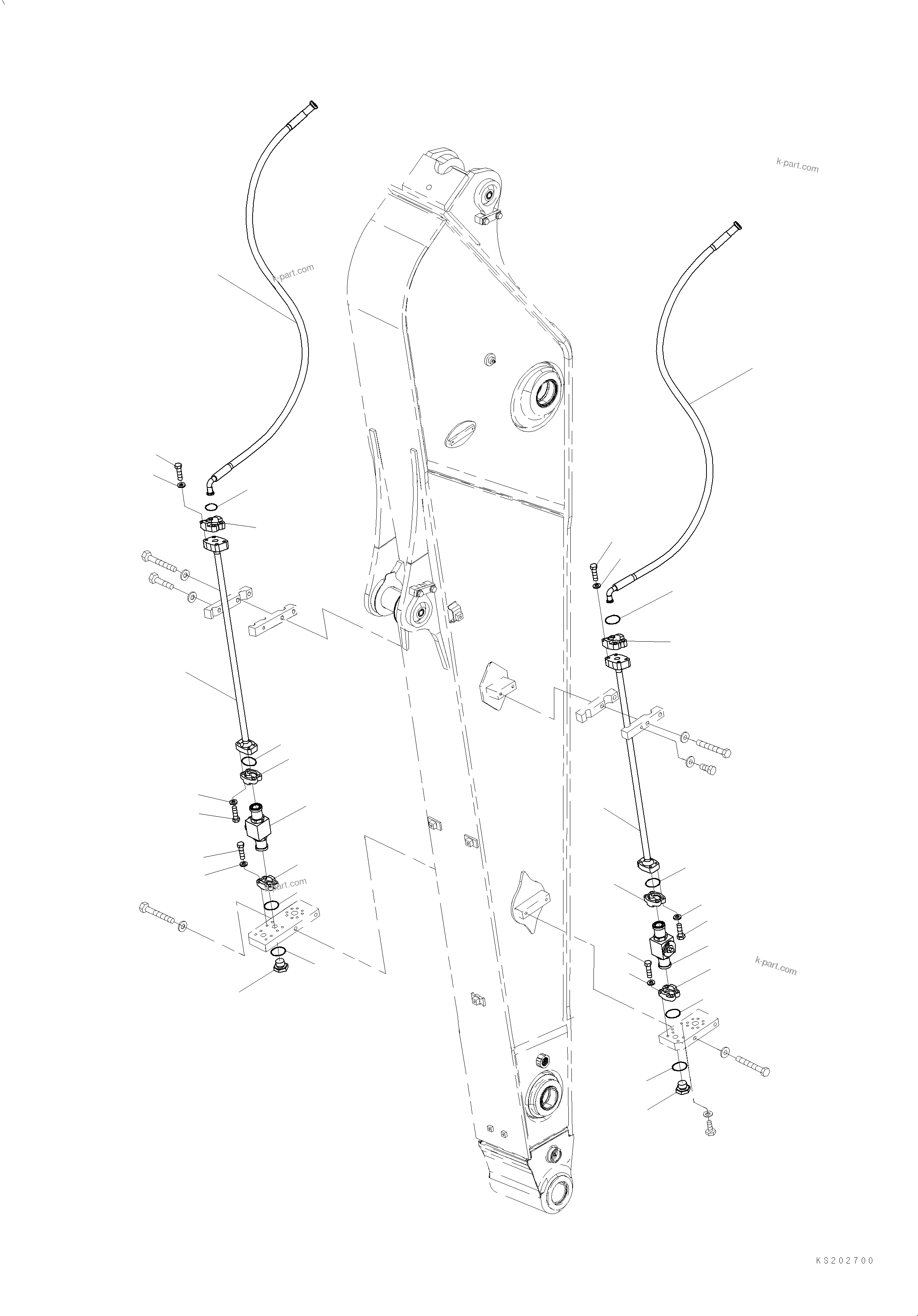 Komatsu parts book diagram for HB365LC-3E0 S/N K75001-UP: ARM, 3200MM, 2-ADDITIONAL ACTUATOR PIPING, ACCUMULATOR, QUICK COUPLING, DRAIN PIPING (2/3) (FHQC)