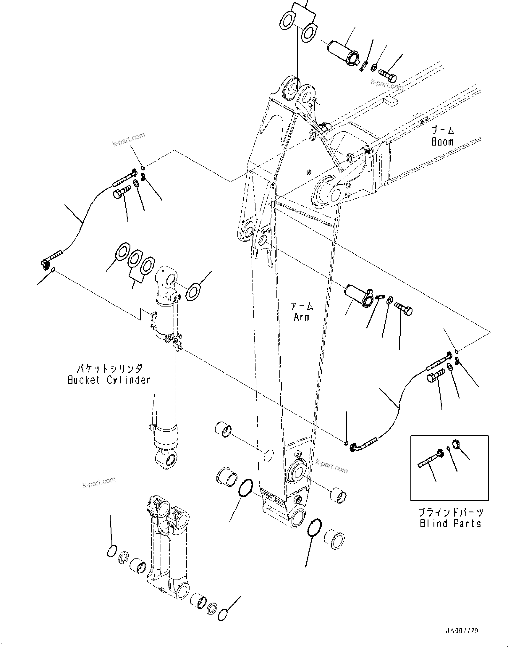 Komatsu parts book diagram for HB365LC-3E0 S/N K75001-UP: ARM, 2600MM, QUICK COUPLING, BUCKET CYLINDER HOSE AND PIN (FHQC)