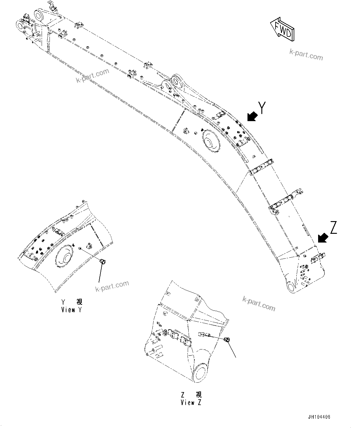 Komatsu parts book diagram for PC290LCI-11E0 S/N 35152-UP: BOOM, 6150MM HEAVY DUTY TYPE, 2-ATTACHMENT, PLUG