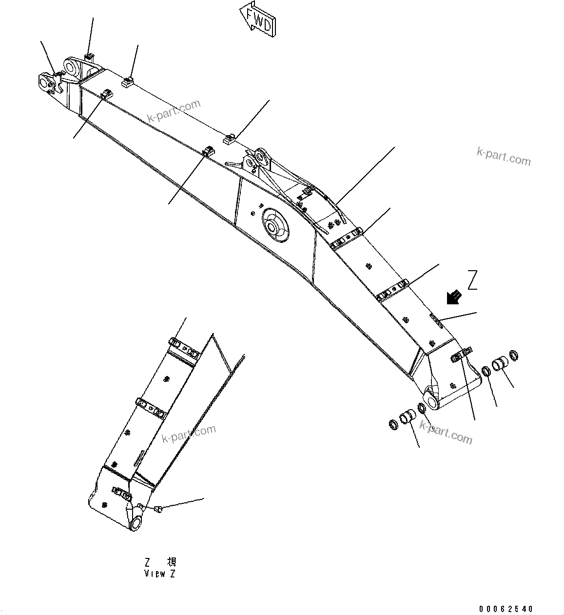 Komatsu parts book diagram for PC200-8M0 / PC200LC-8M0 S/N B50001 AND UP: LOG LOADER BOOM, 5700MM, BOOM AND BUSHING, 100 HOURS LUBRICATION INTERVAL (PC200LC-8M0)
