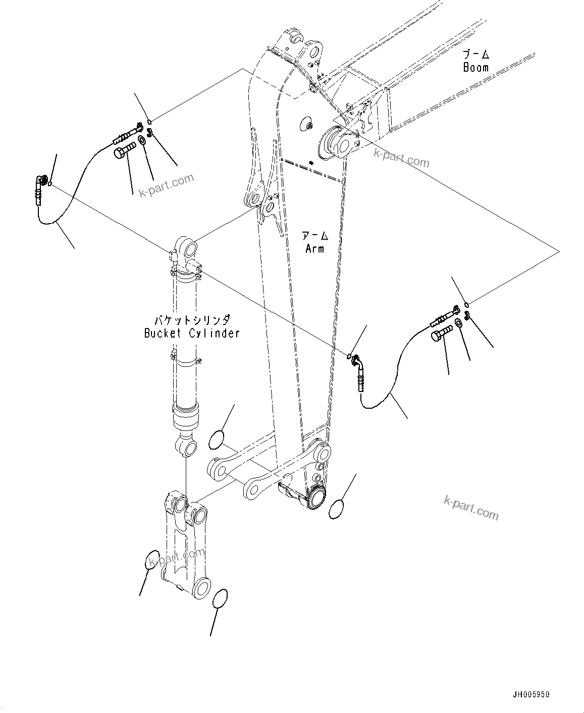 Komatsu parts book diagram for PC200-8M0 / PC200LC-8M0 S/N B50001 AND UP: ARM, 2900MM, BUCKET CYLINDER HOSE 100 HOURS LUBRICATION INTERVAL