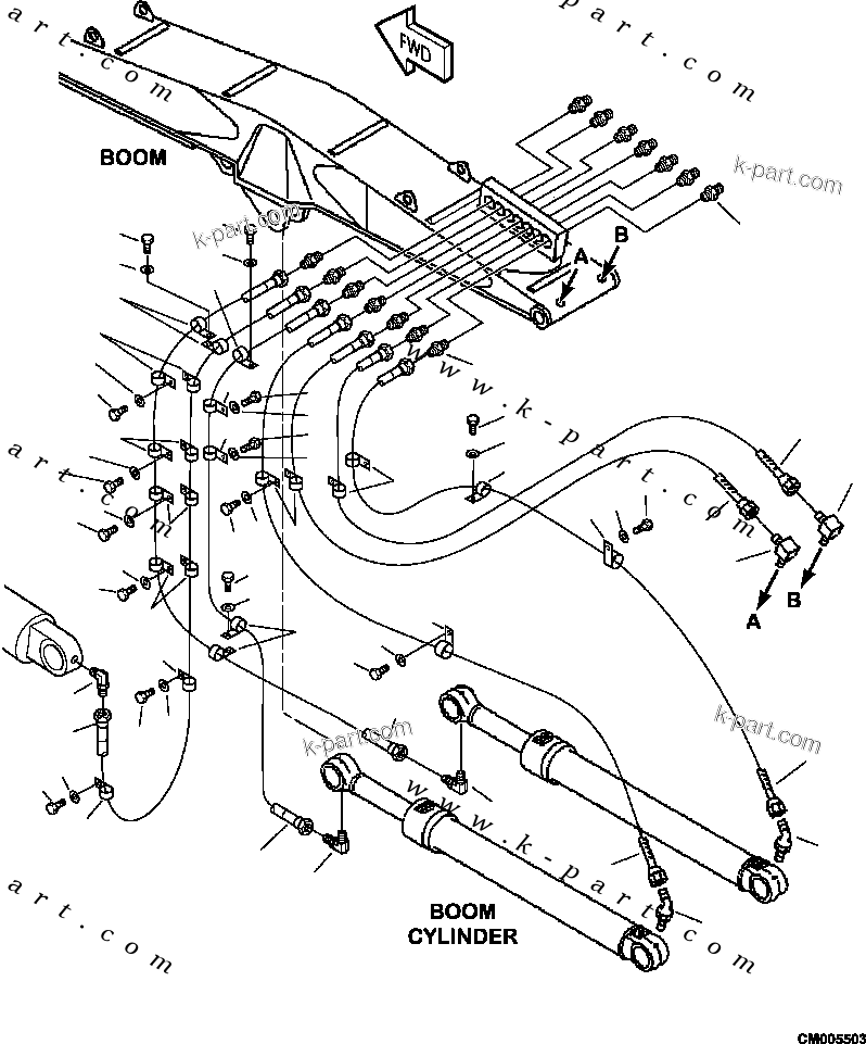 Komatsu parts book diagram for PC240LL-10 SN A20601-UP: T1300-15A0 LOG LOADER GREASE LINES (MAIN BOOM)