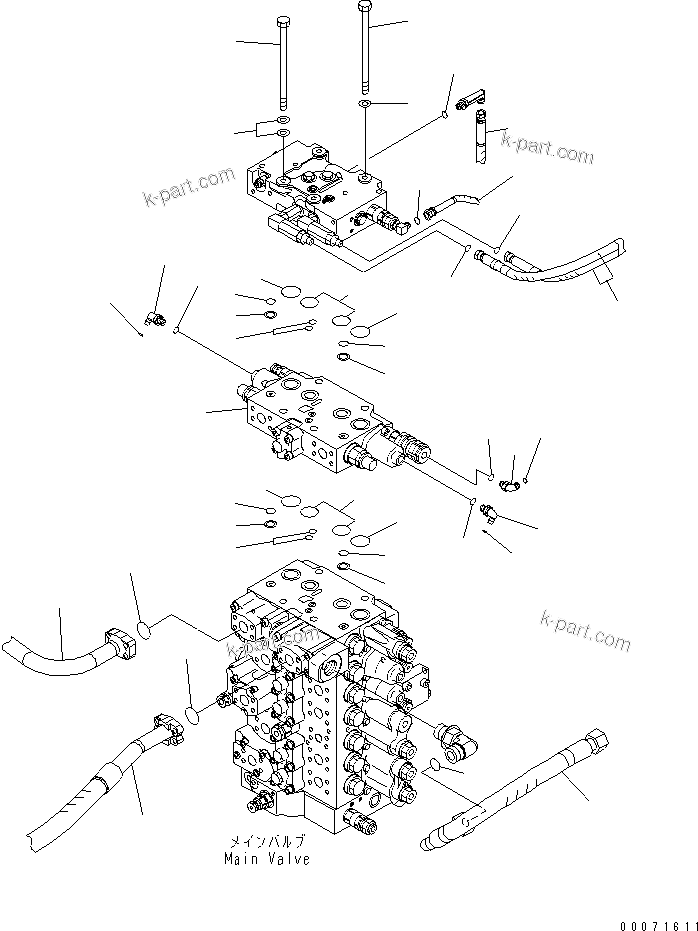 Komatsu parts book diagram for PC300LL-7L S/N A85001-UP: MAIN VALVE (CONNECTING PARTS) (WITH 1 ACTUATOR) (1/2)
