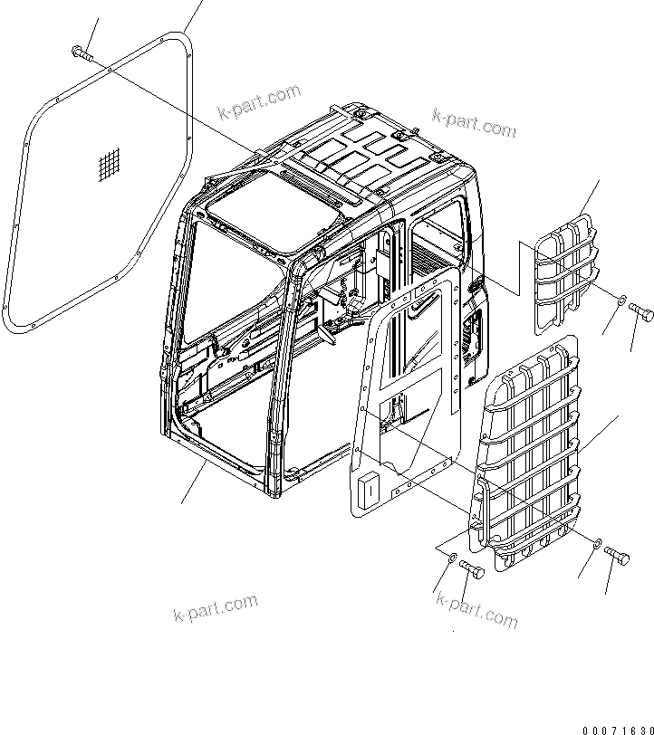Komatsu parts book diagram for PC300LL-7L S/N A85001-UP: OPERATOR'S CAB (DOOR AND L.H. REAR WINDOW GUARDS) (WCB)