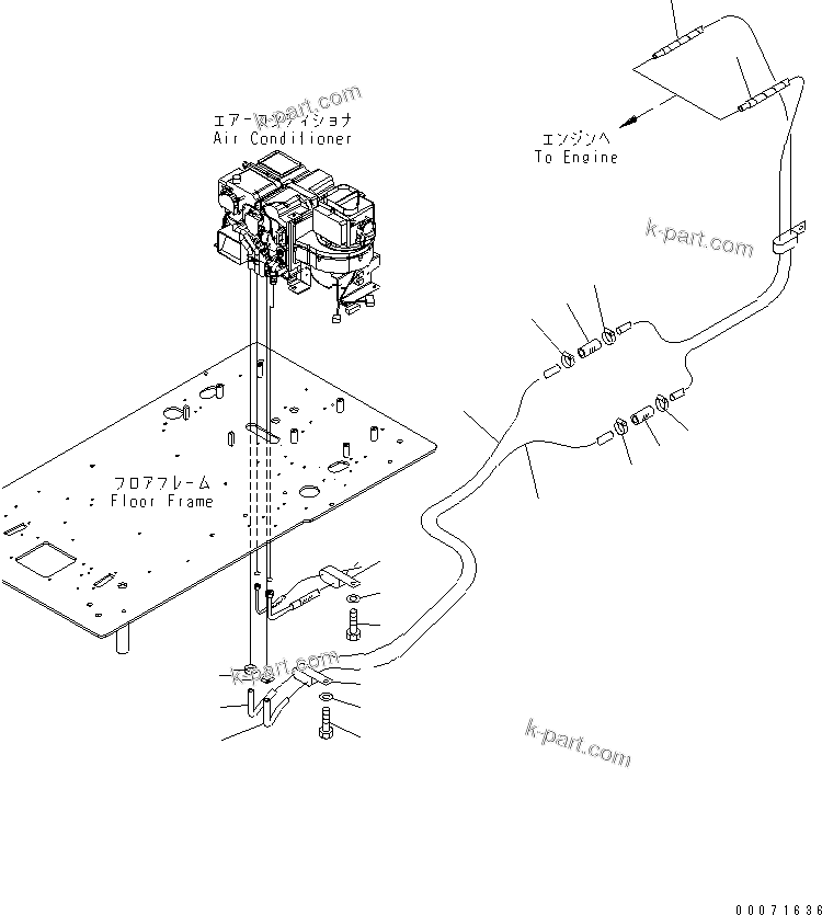 Komatsu parts book diagram for PC300LL-7L S/N A85001-UP: FLOOR FRAME (HEATER HOSE AND CLAMP) (48/60 INCH RISER)