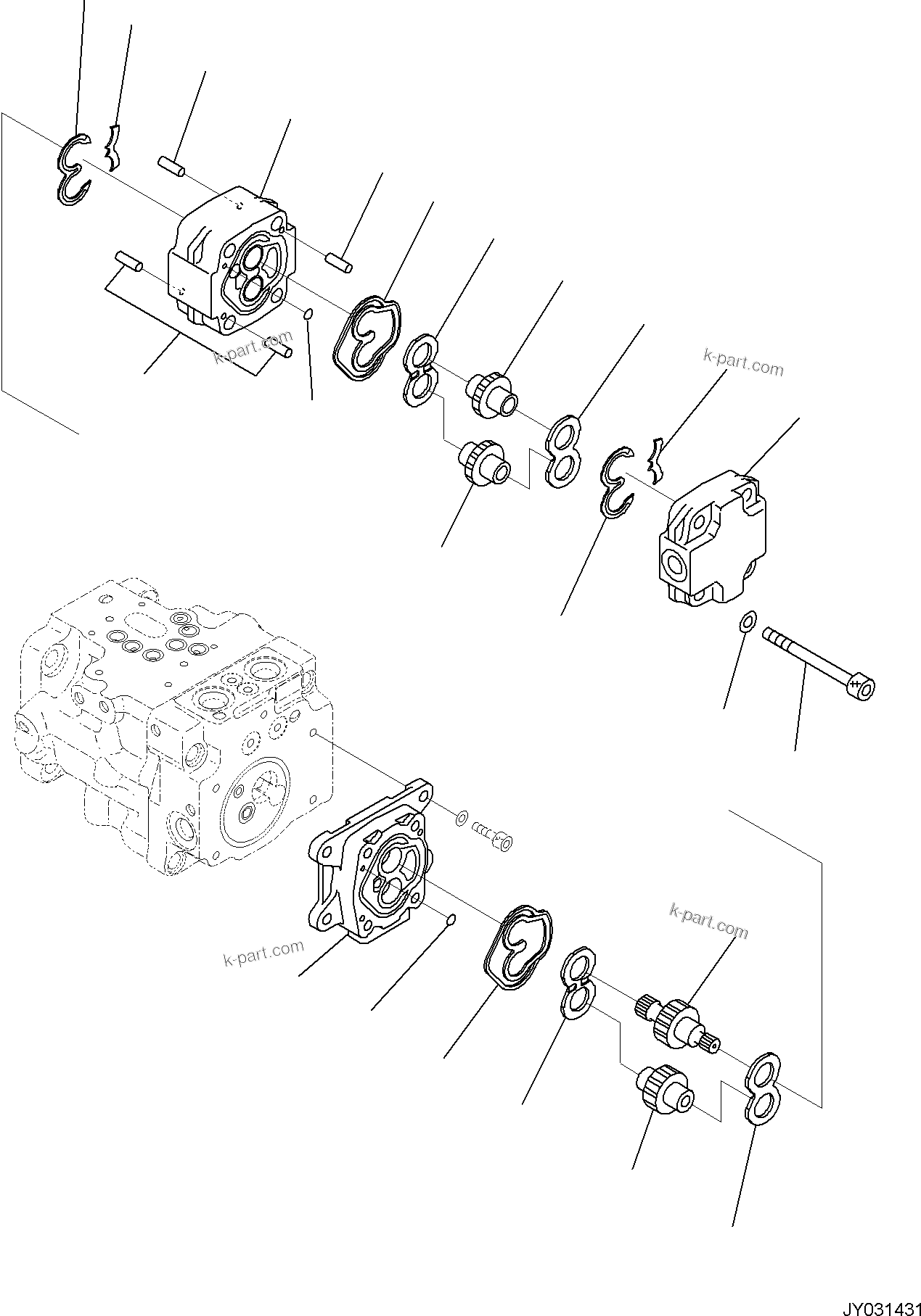 Komatsu parts book diagram for PC30MR-5 S/N F50002 AND UP: ENGINE RELATED PARTS FOR CAB WITH AIR CONDITIONER, ENGINE RELATED PARTS, INNER PARTS, PISTON PUMP (5/7)