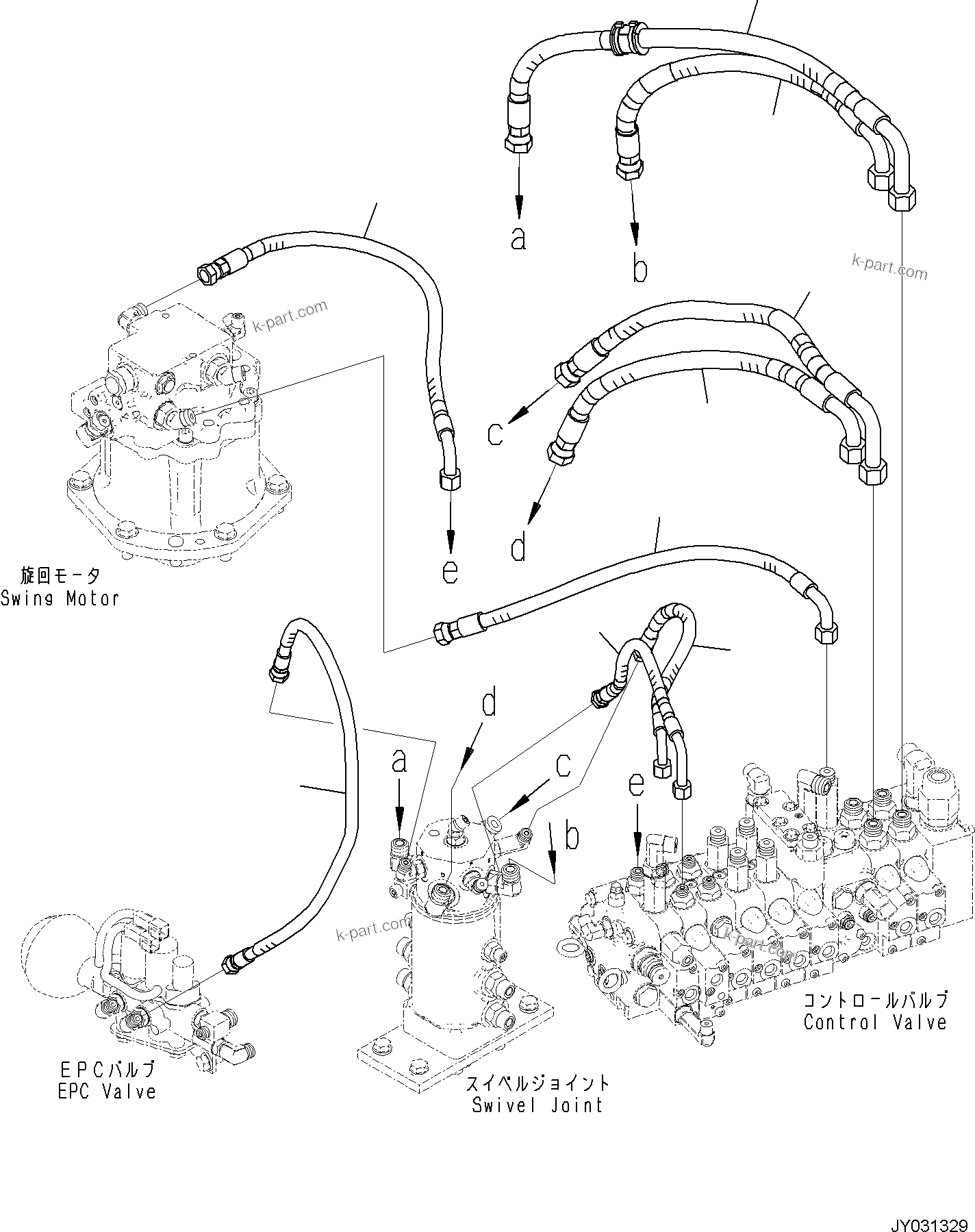 Komatsu parts book diagram for PC30MR-5 S/N F50002 AND UP: ACTUATOR PIPING, TRAVEL, BLADE, SWING MOTOR PIPING