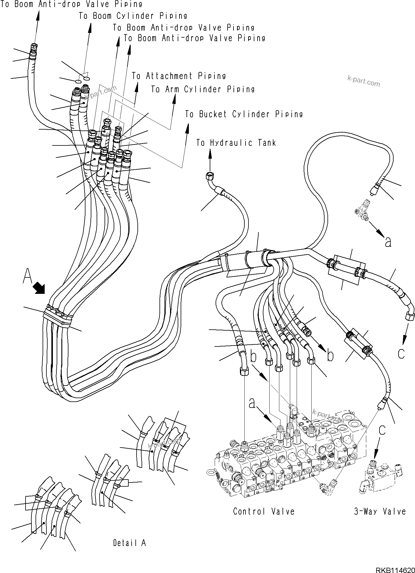 Komatsu parts book diagram for PC30MR-5 S/N F50002 AND UP: ACTUATOR PIPING, BOOM, ARM, BUCKET, ATTACHMENT PIPING