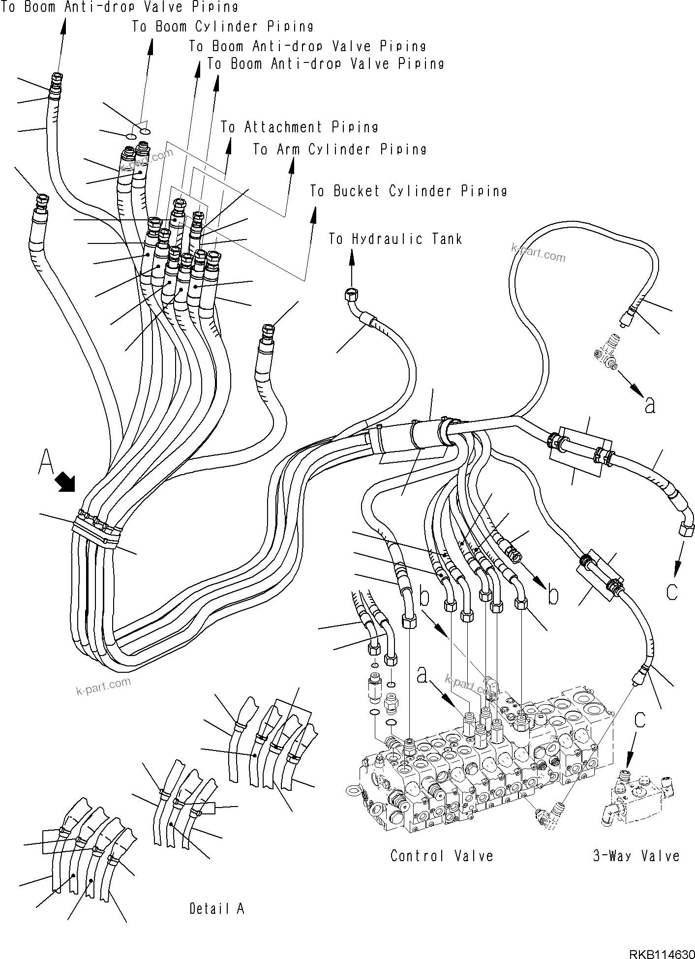 Komatsu parts book diagram for PC30MR-5 S/N F50002 AND UP: ACTUATOR PIPING, BOOM, ARM, BUCKET, ATTACHMENT PIPING
