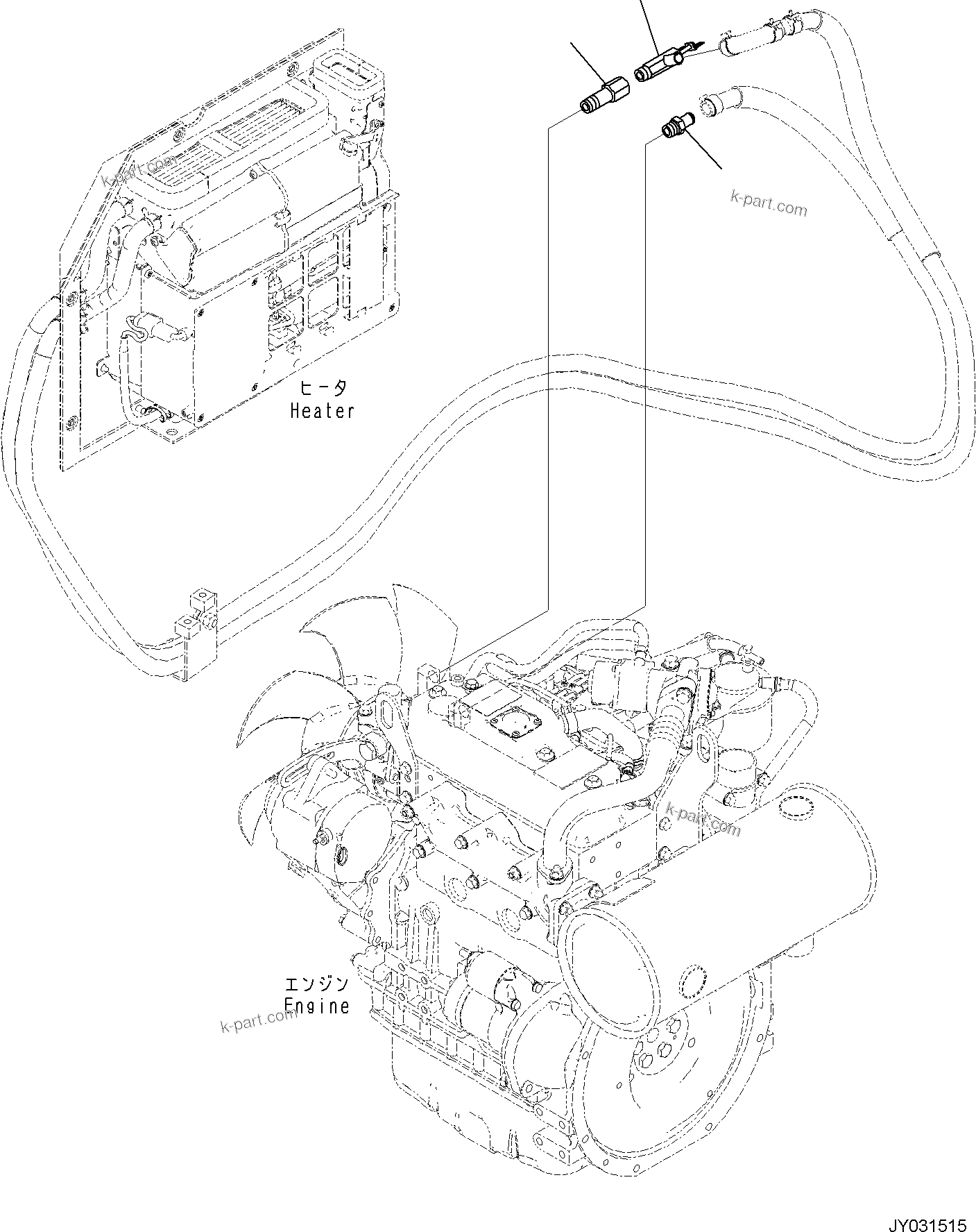 Komatsu parts book diagram for PC35MR-5 S/N F50003 AND UP: ENGINE RELATED PARTS FOR CAB WITHOUT AIR CONDITIONER, ENGINE RELATED PARTS, HEATER RELATED PARTS