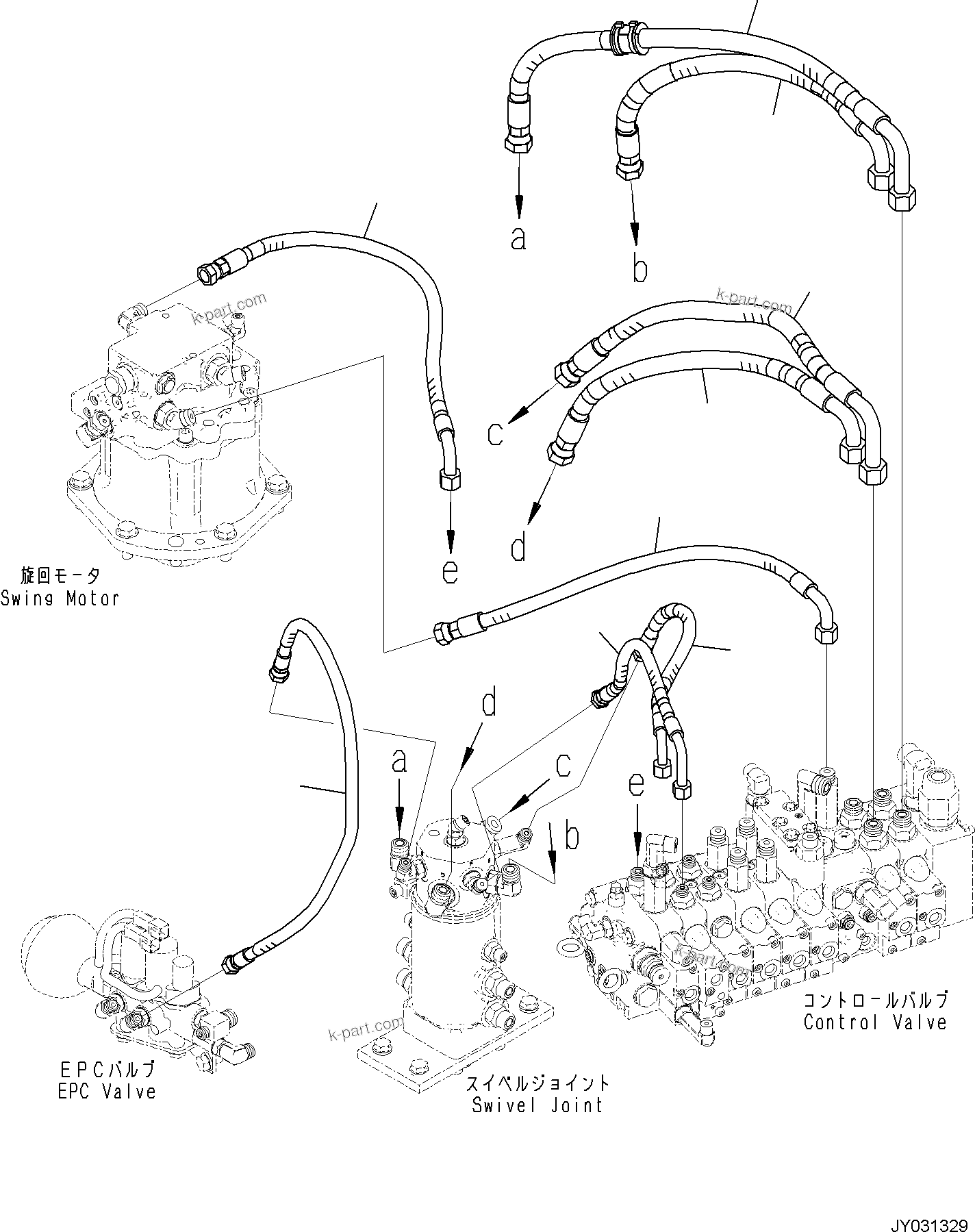 Komatsu parts book diagram for PC35MR-5 S/N F50003 AND UP: ACTUATOR PIPING, TRAVEL, BLADE, SWING MOTOR PIPING