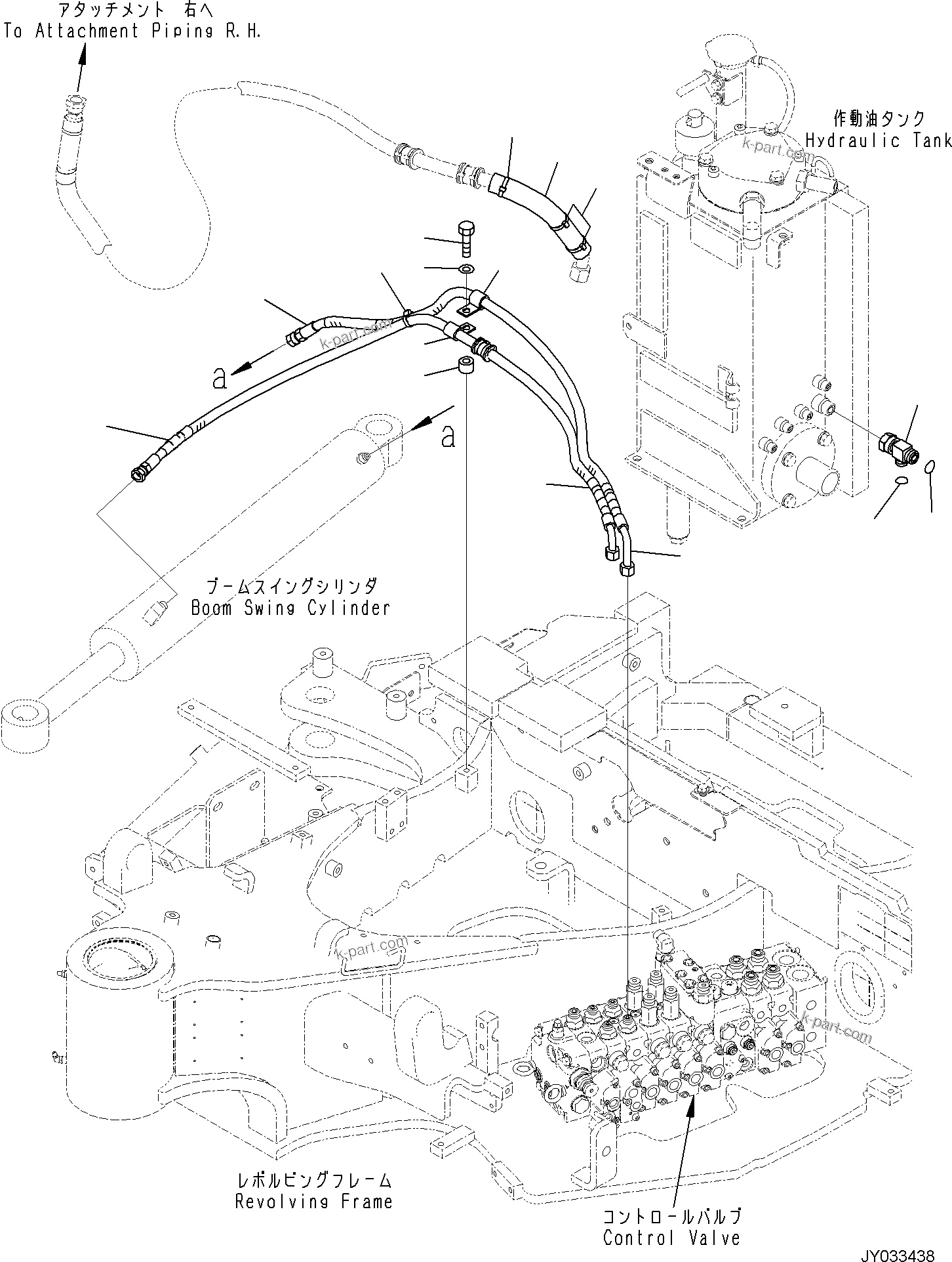 Komatsu parts book diagram for PC35MR-5 S/N F50003 AND UP: ACTUATOR PIPING, BOOM SWING CYLINDER PIPING