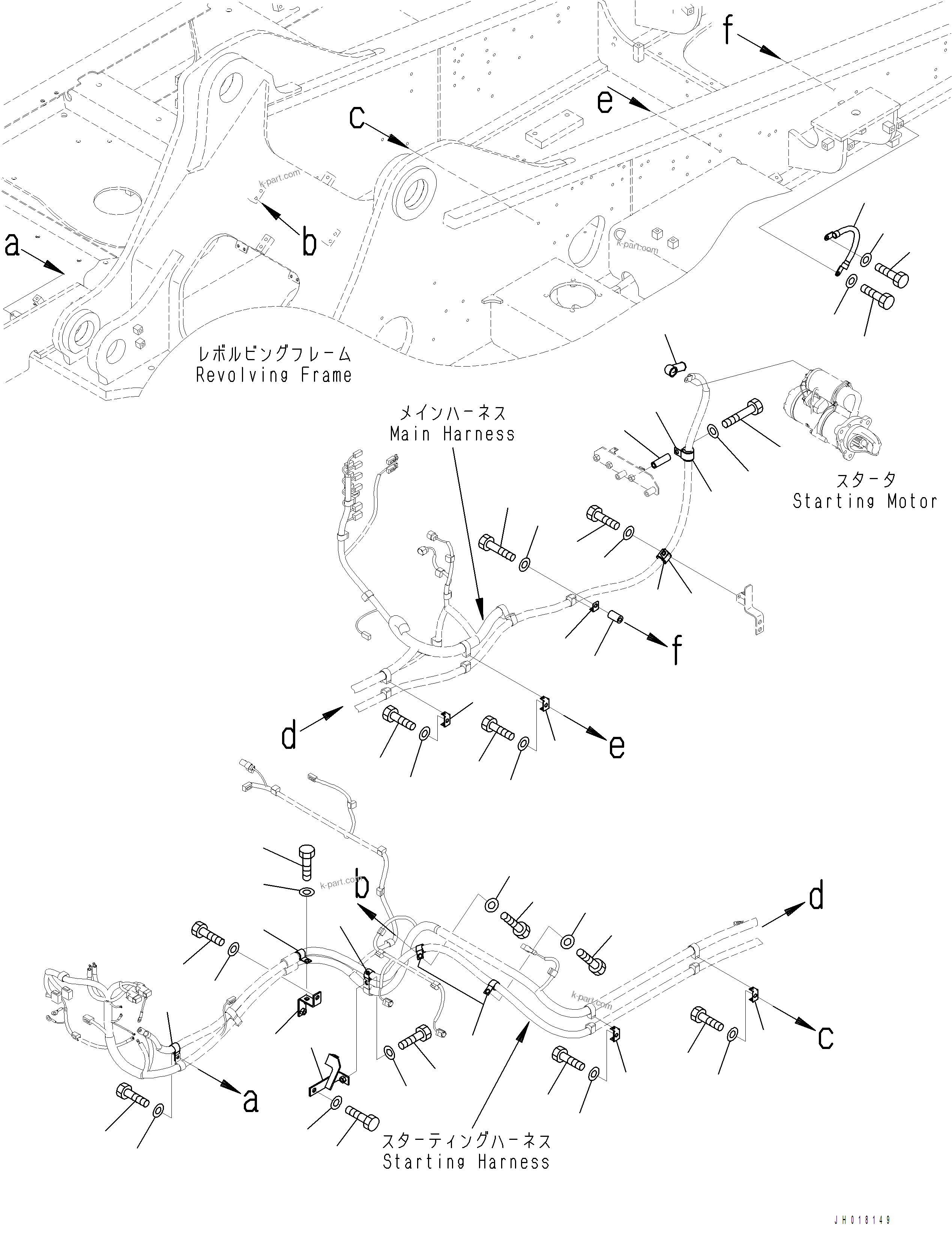 Komatsu parts book diagram for PC390LCI-11 A31001-UP BEPB113400 3.8.2018: E0200-001001 STARTING WIRING HARNESS MOUNTING