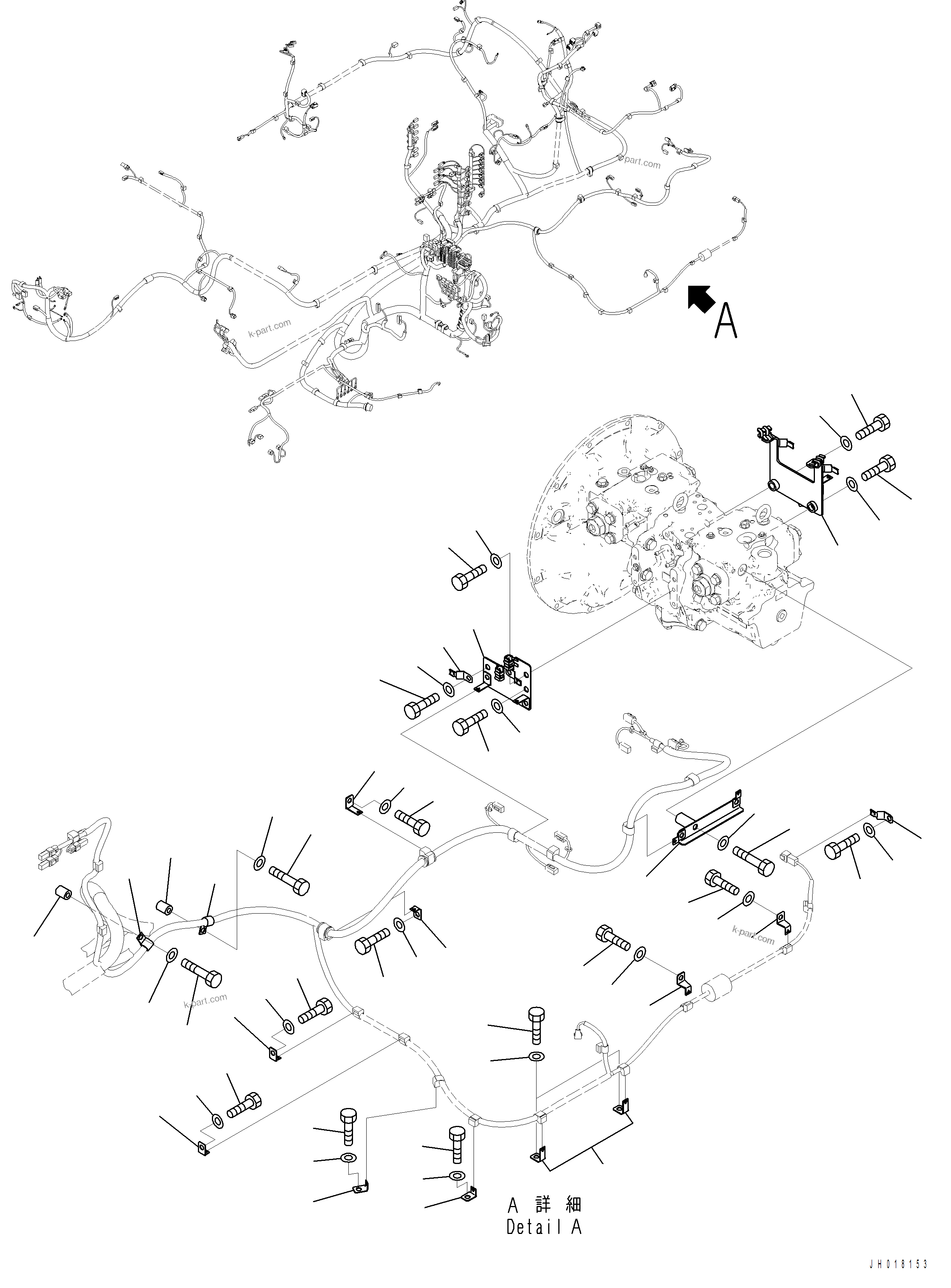 Komatsu parts book diagram for PC390LCI-11 A31001-UP BEPB113400 3.8.2018: E0200-001003 MAIN WIRING HARNESS MOUNTING (2/7)