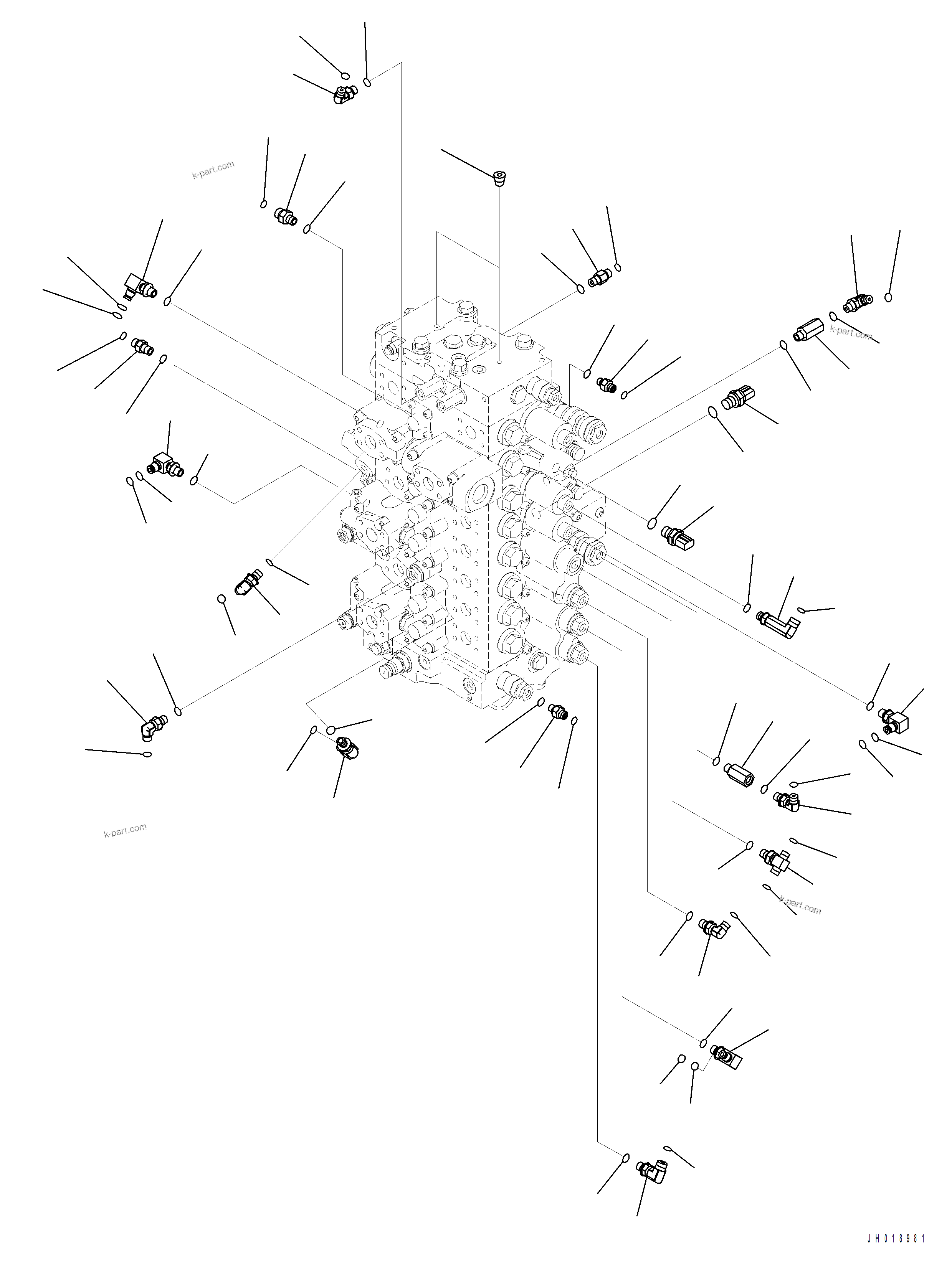Komatsu parts book diagram for PC390LCI-11 A31001-UP BEPB113400 3.8.2018: H0120-002001 MAIN CONTROL VALVE CONNECTIONS (WITH 1-ADDITIONAL ACTUATOR) (1/2)
