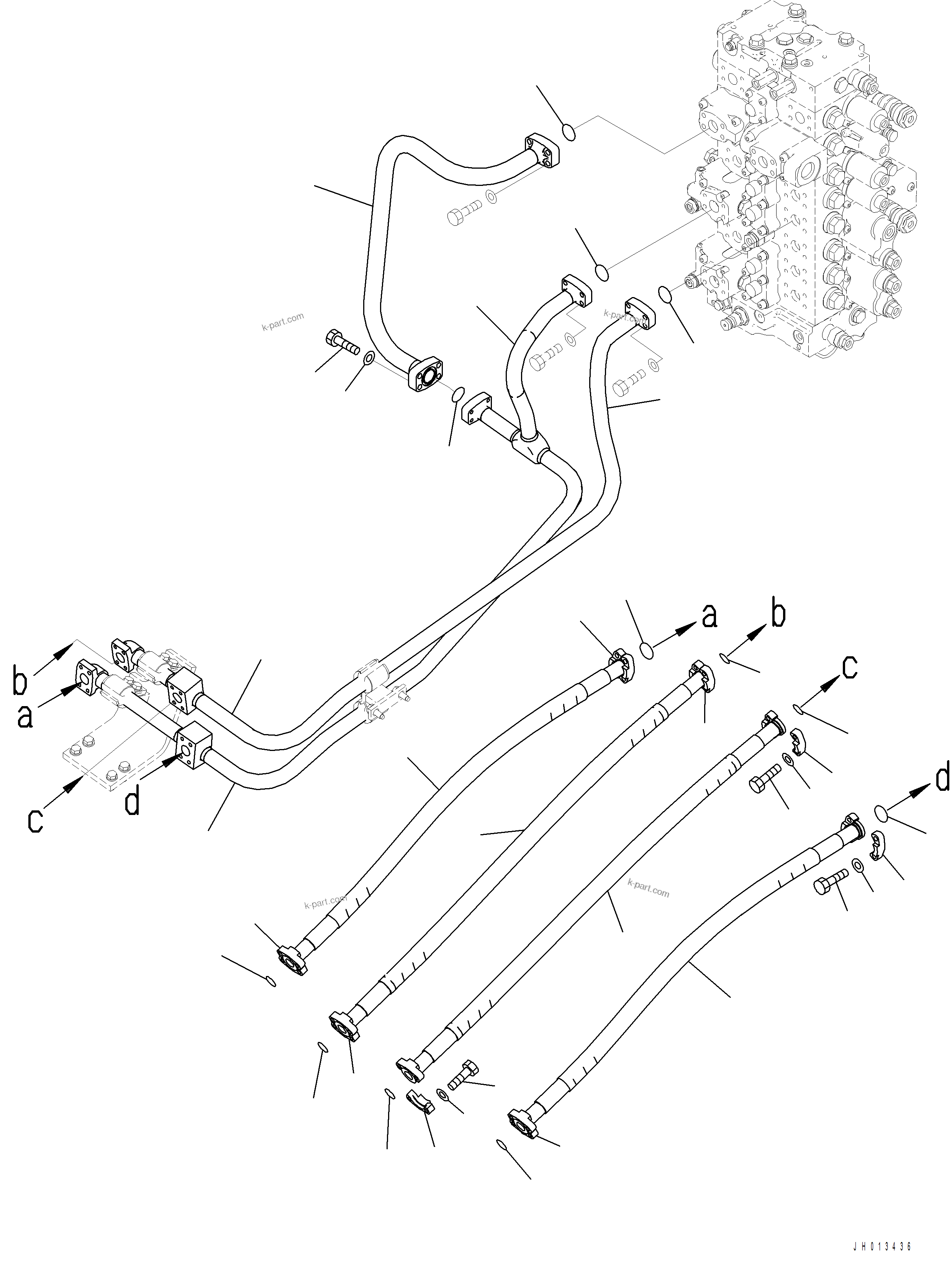 Komatsu parts book diagram for PC390LCI-11 A31001-UP BEPB113400 3.8.2018: H1210-001001 BOOM PIPING (1/2)