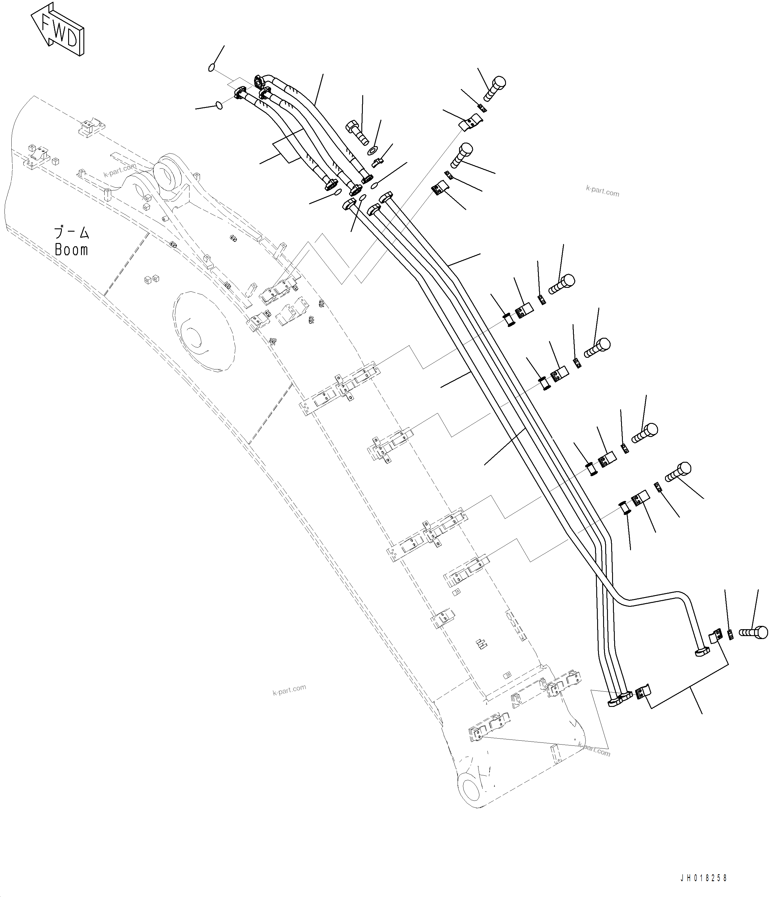 Komatsu parts book diagram for PC390LCI-11 A31001-UP BEPB113400 3.8.2018: T1110-001002 BOOM, 6500 MM ARM CYLINDER PIPING