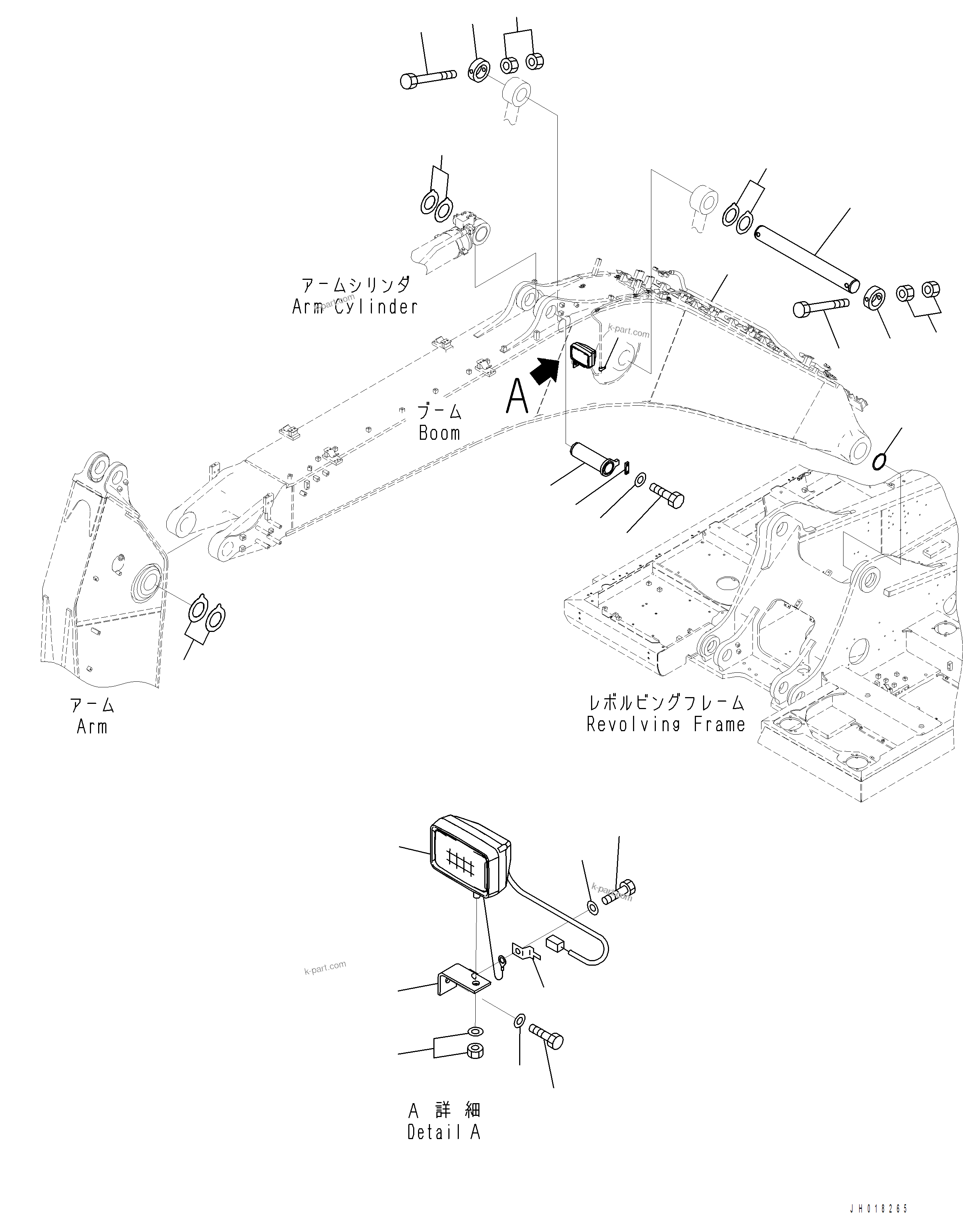 Komatsu parts book diagram for PC390LCI-11 A31001-UP BEPB113400 3.8.2018: T1110-001005 BOOM, 6500 MM CYLINDER PIN AND WORKING LAMP