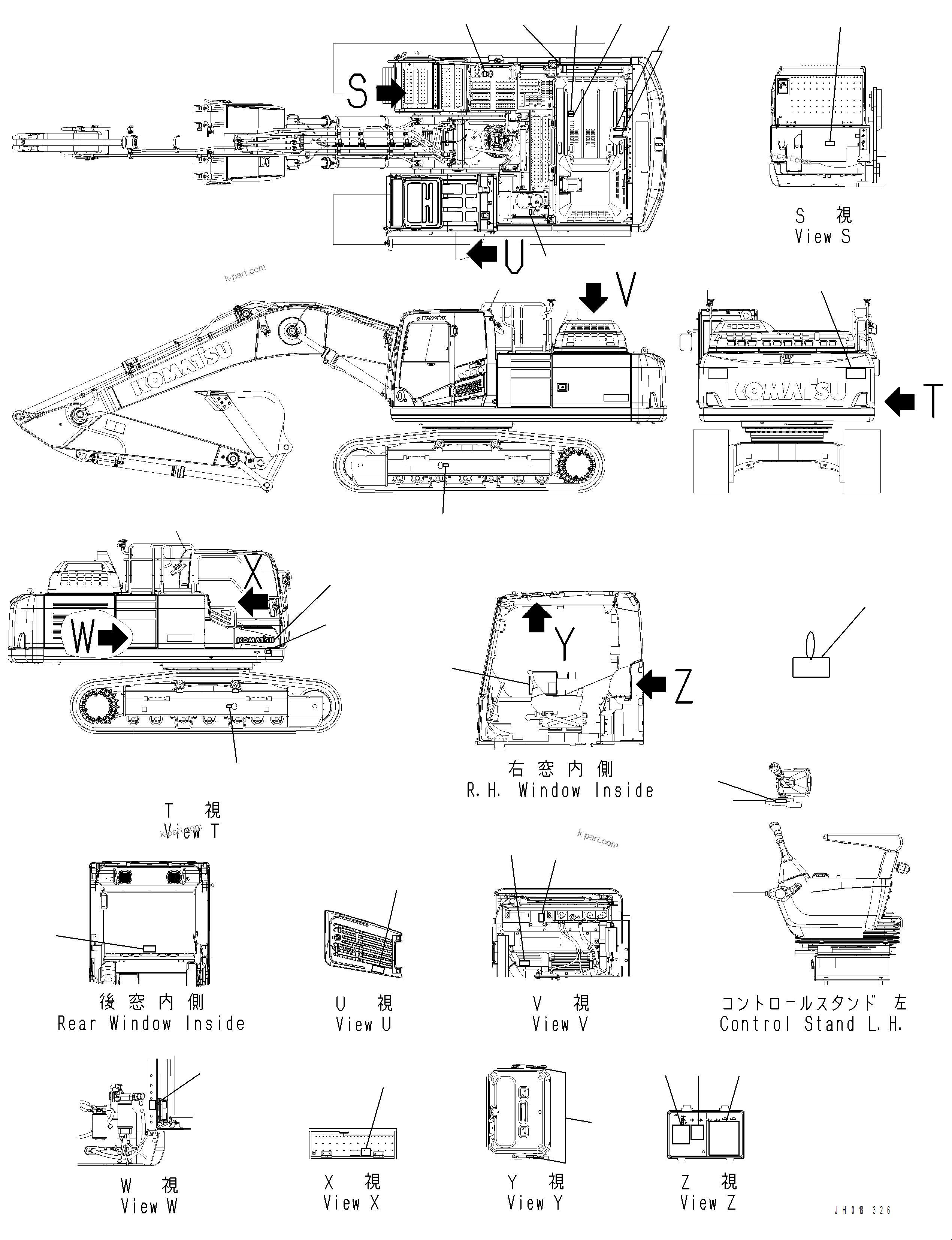 Komatsu parts book diagram for PC390LCI-11 A31001-UP BEPB113400 3.8.2018: U0100-001001 MARKS AND PLATES (1/2)