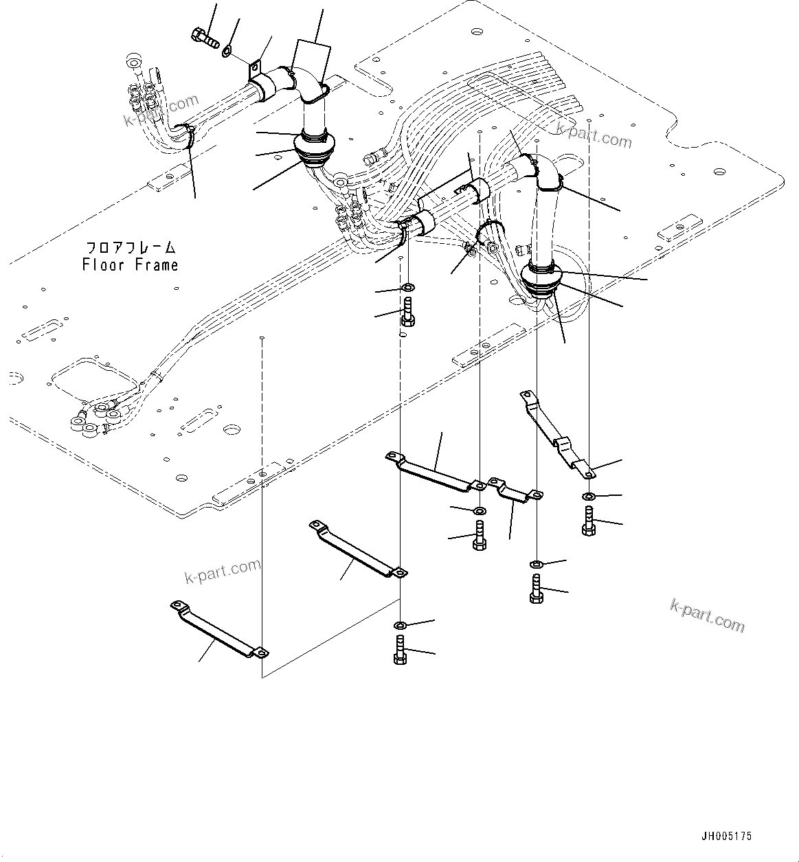 Komatsu parts book diagram for PC490LC-10 S/N 80001-UP: FLOOR FRAME GROUP, WITH ADDITIONAL ACTUATOR PIPING, ACCUMULATOR, FLOOR, PIPING MOUNTING