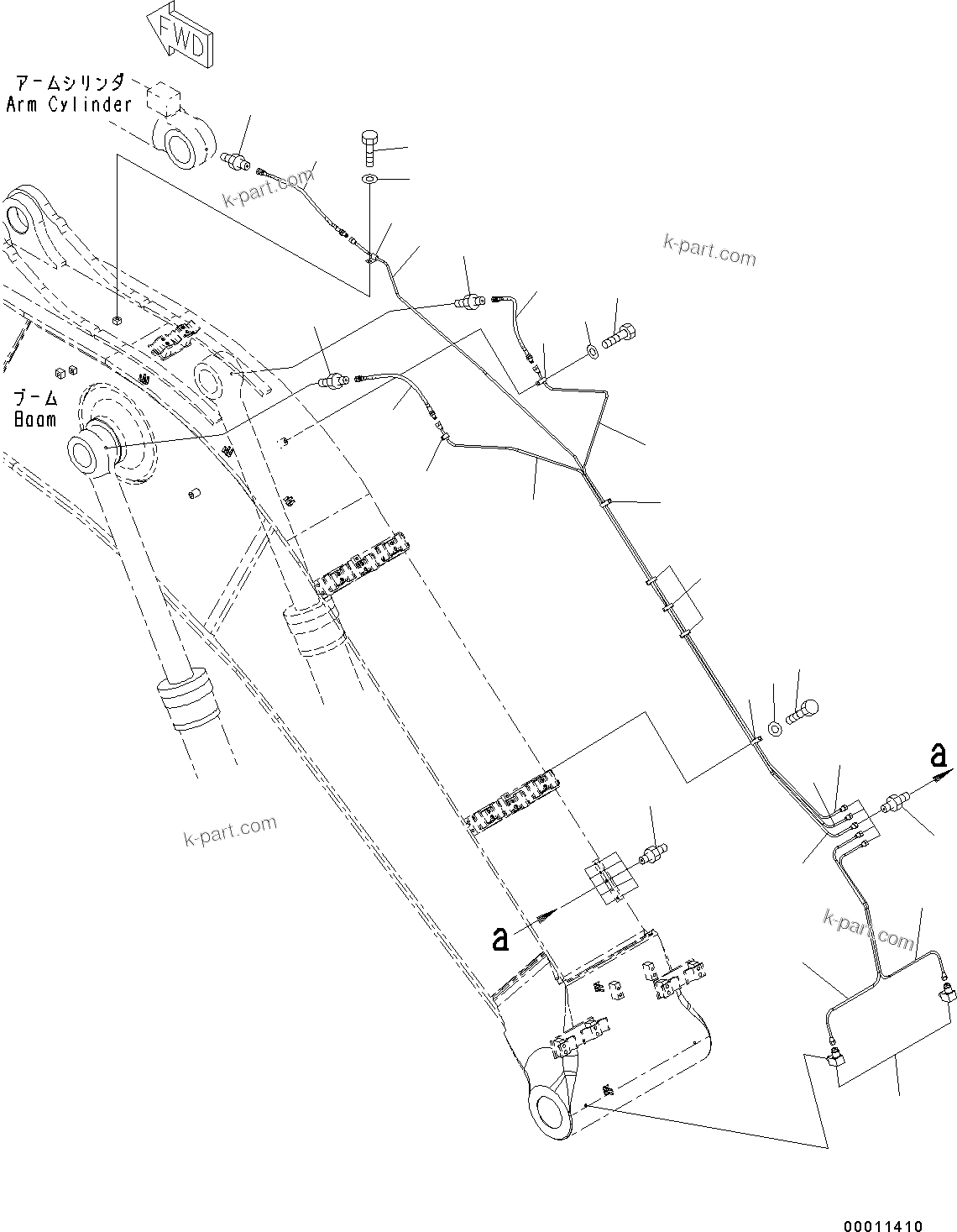 Komatsu parts book diagram for PC490LC-10 S/N 80001-UP: BOOM, 6700MM, WITH QUICK COUPLER, KUK, LUBRICATION PIPING