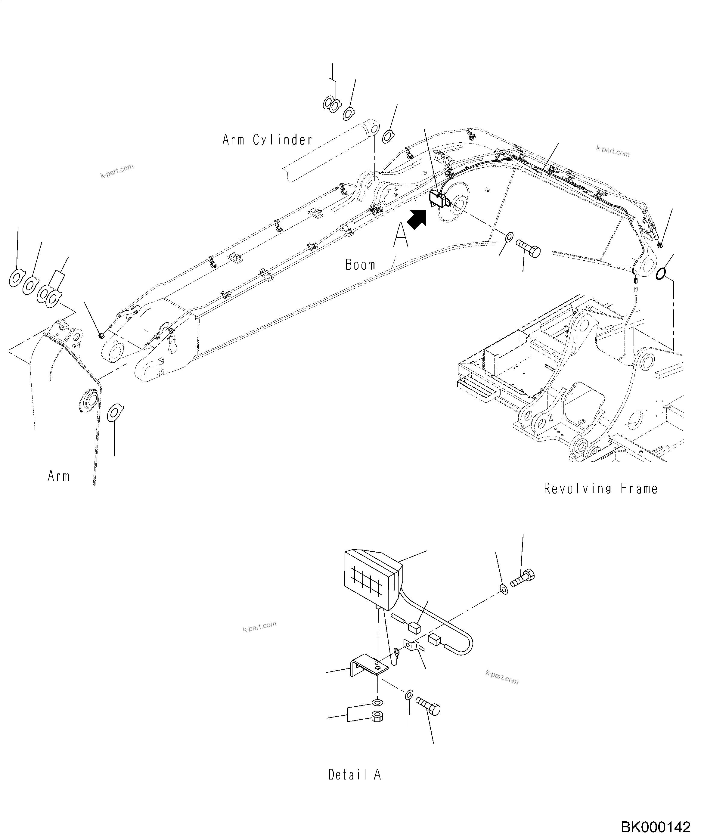 Komatsu parts book diagram for PC490LC-10 S/N 80001-UP: BOOM, 6700MM, WITH QUICK COUPLER, KUK, WORKING LAMP AND SPACER
