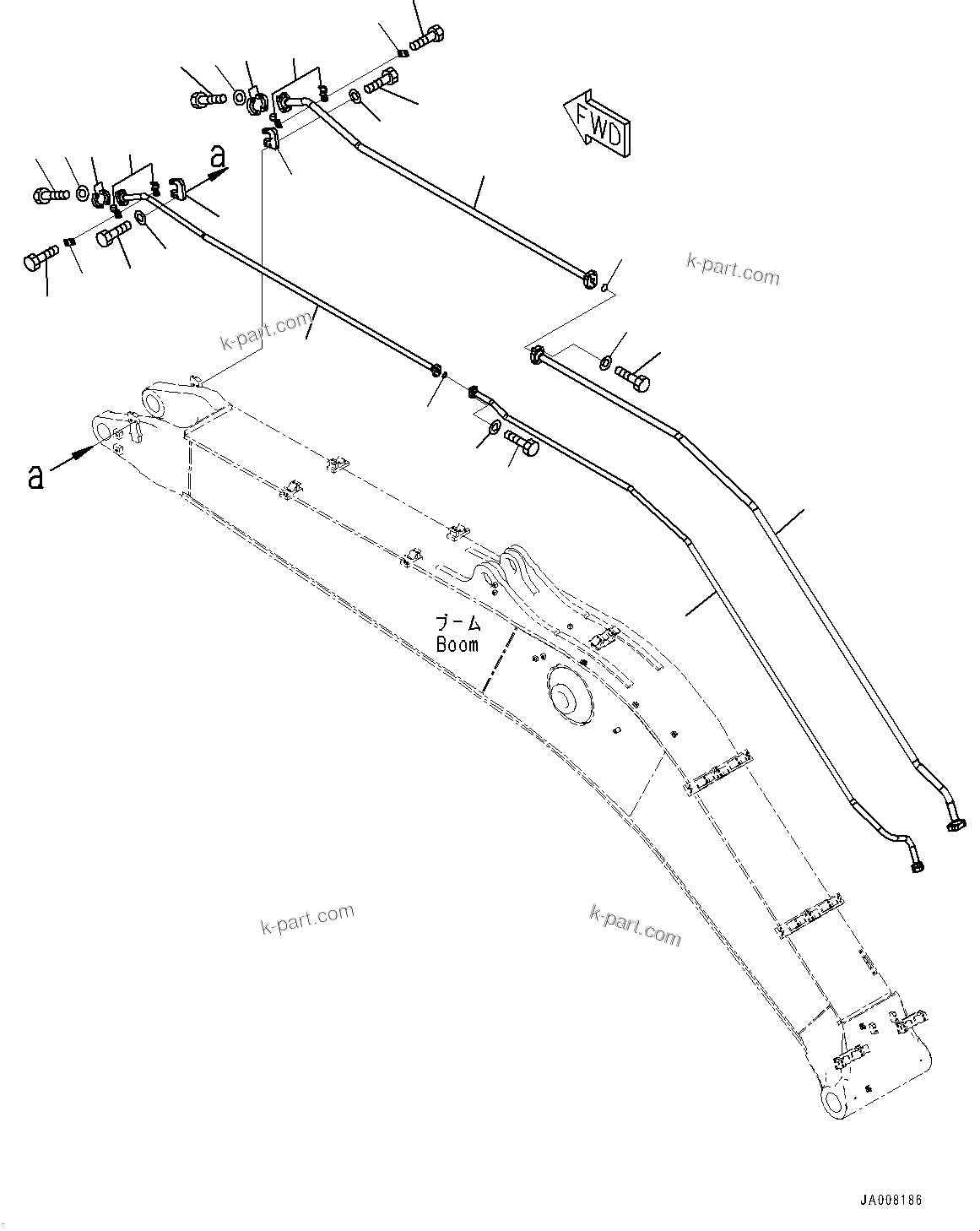 Komatsu parts book diagram for PC490LC-10 S/N 80001-UP: BOOM, 6700MM, 2-ATTACHMENT, WITH QUICK COUPLER, KUK, ADDITIONAL PIPING (1/2)