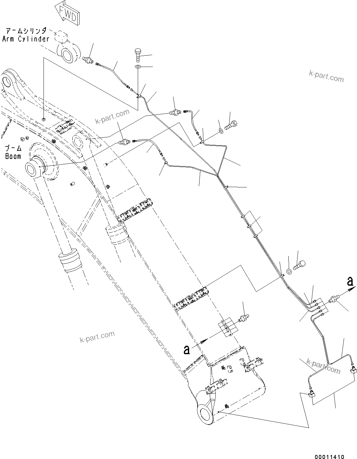 Komatsu parts book diagram for PC490LC-10 S/N 80001-UP: BOOM, 7100MM, WITH QUICK COUPLER, KUK, LUBRICATION PIPING