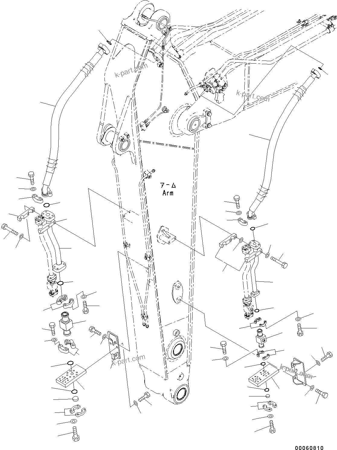 Komatsu parts book diagram for PC490LC-10 S/N 80001-UP: ARM, 2900MM, WITH 2-ADDITIONAL ACTUATOR PIPING, ACCUMULATOR, QUICK COUPLER, KUK, PIPING