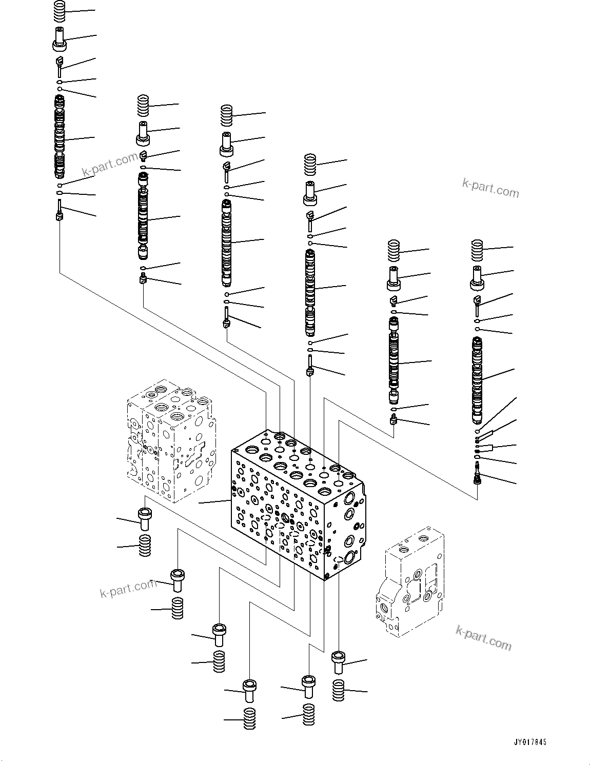 Komatsu parts book diagram for PC490LC-10 S/N K60001-UP: MAIN CONTROL VALVE, WITH 1-ADDITIONAL ACTUATOR PIPING, ACCUMULATOR, INNER PARTS (1/22)