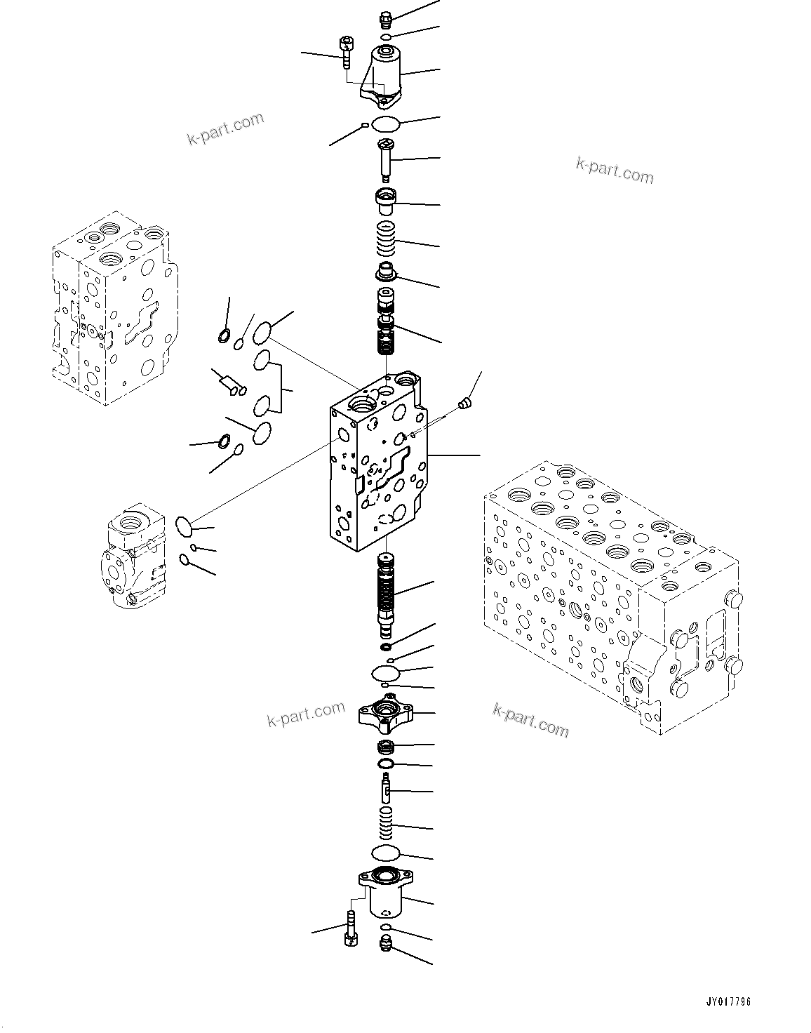 Komatsu parts book diagram for PC490LC-10 S/N K60001-UP: MAIN CONTROL VALVE, WITH 1-ADDITIONAL ACTUATOR PIPING, ACCUMULATOR, INNER PARTS (15/22)