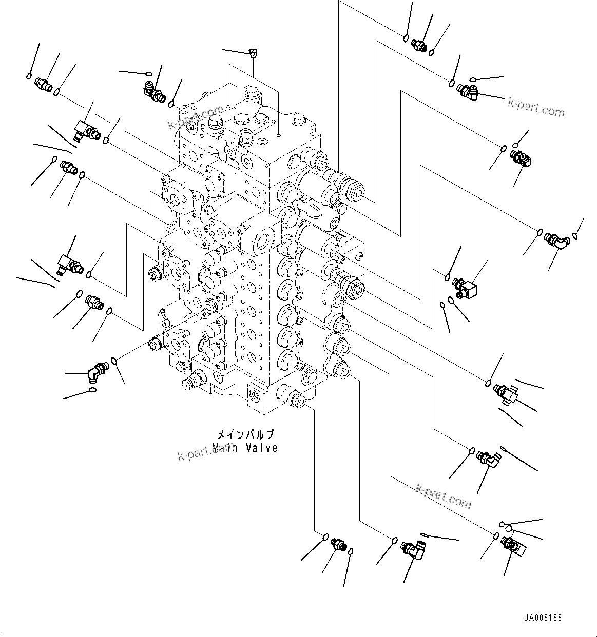 Komatsu parts book diagram for PC490LC-10 S/N K60001-UP: MAIN CONTROL VALVE, WITH 1-ADDITIONAL ACTUATOR PIPING, ACCUMULATOR, CONTROL VALVE RELATED PARTS (1/2)
