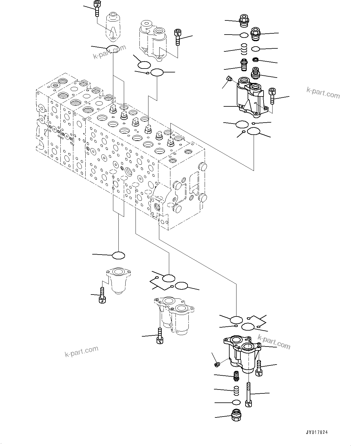 Komatsu parts book diagram for PC490LC-10 S/N K60001-UP: MAIN CONTROL VALVE, WITH 2-ADDITIONAL ACTUATOR PIPING, ACCUMULATOR, INNER PARTS (3/24)