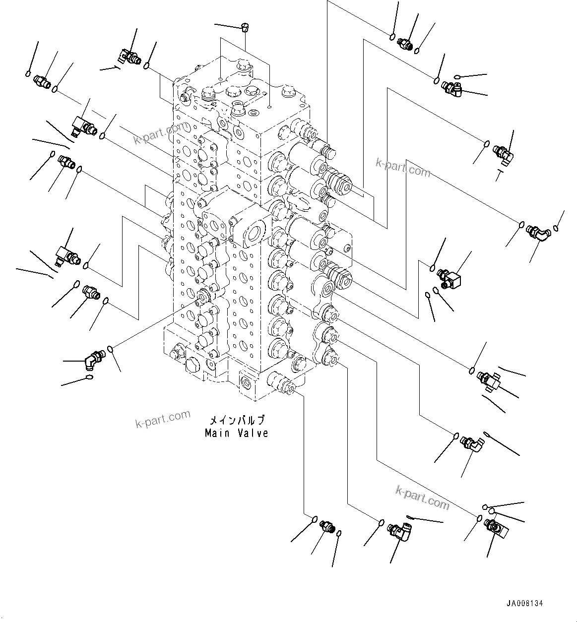 Komatsu parts book diagram for PC490LC-10 S/N K60001-UP: MAIN CONTROL VALVE, WITH 2-ADDITIONAL ACTUATOR PIPING, ACCUMULATOR, CONTROL VALVE RELATED PARTS (1/2)