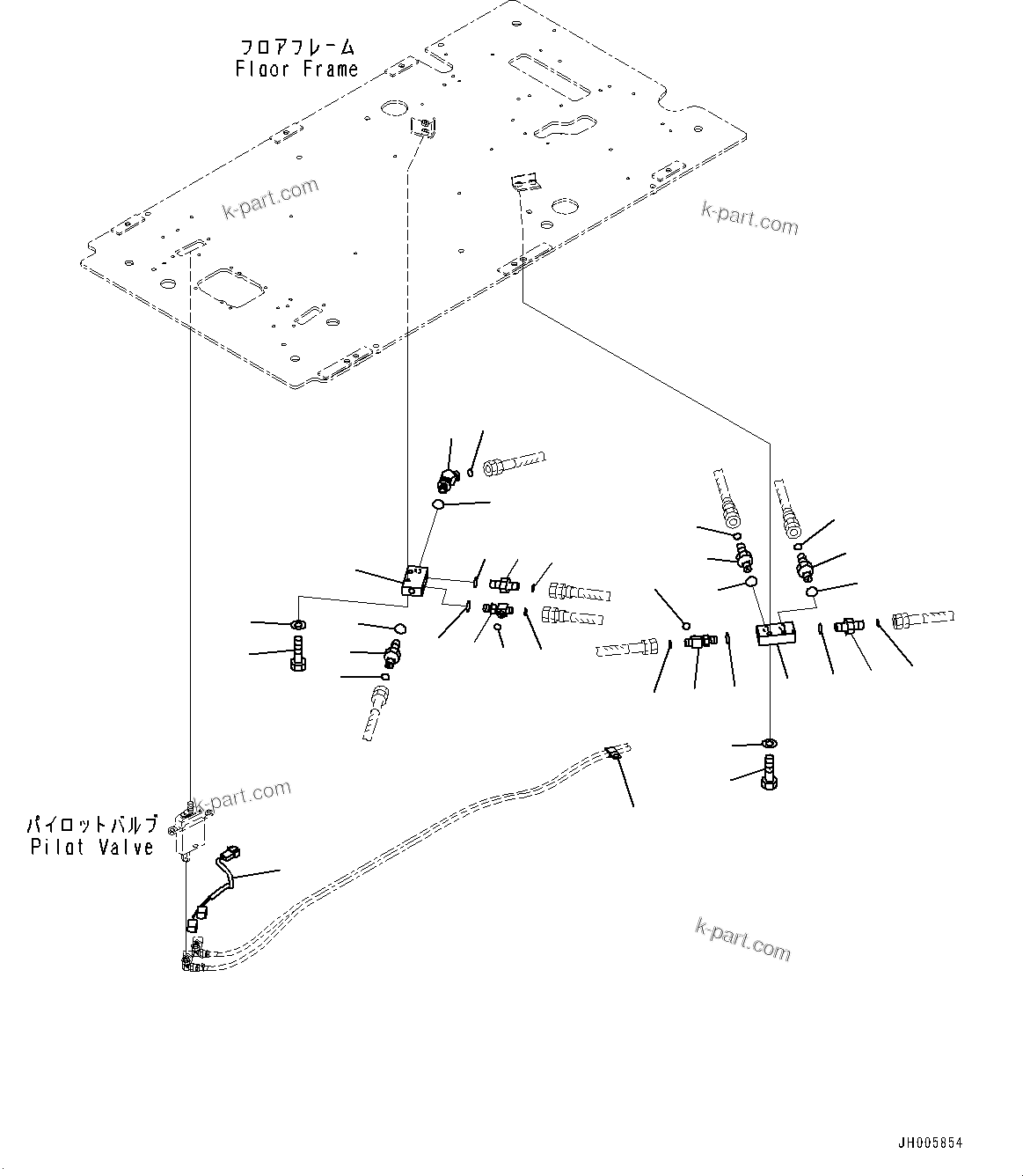 Komatsu parts book diagram for PC490LC-10 S/N K60001-UP: FLOOR FRAME GROUP, WITH ADDITIONAL ACTUATOR PIPING, ACCUMULATOR, FLOOR, PPC VALVE PIPING FOR TRAVEL