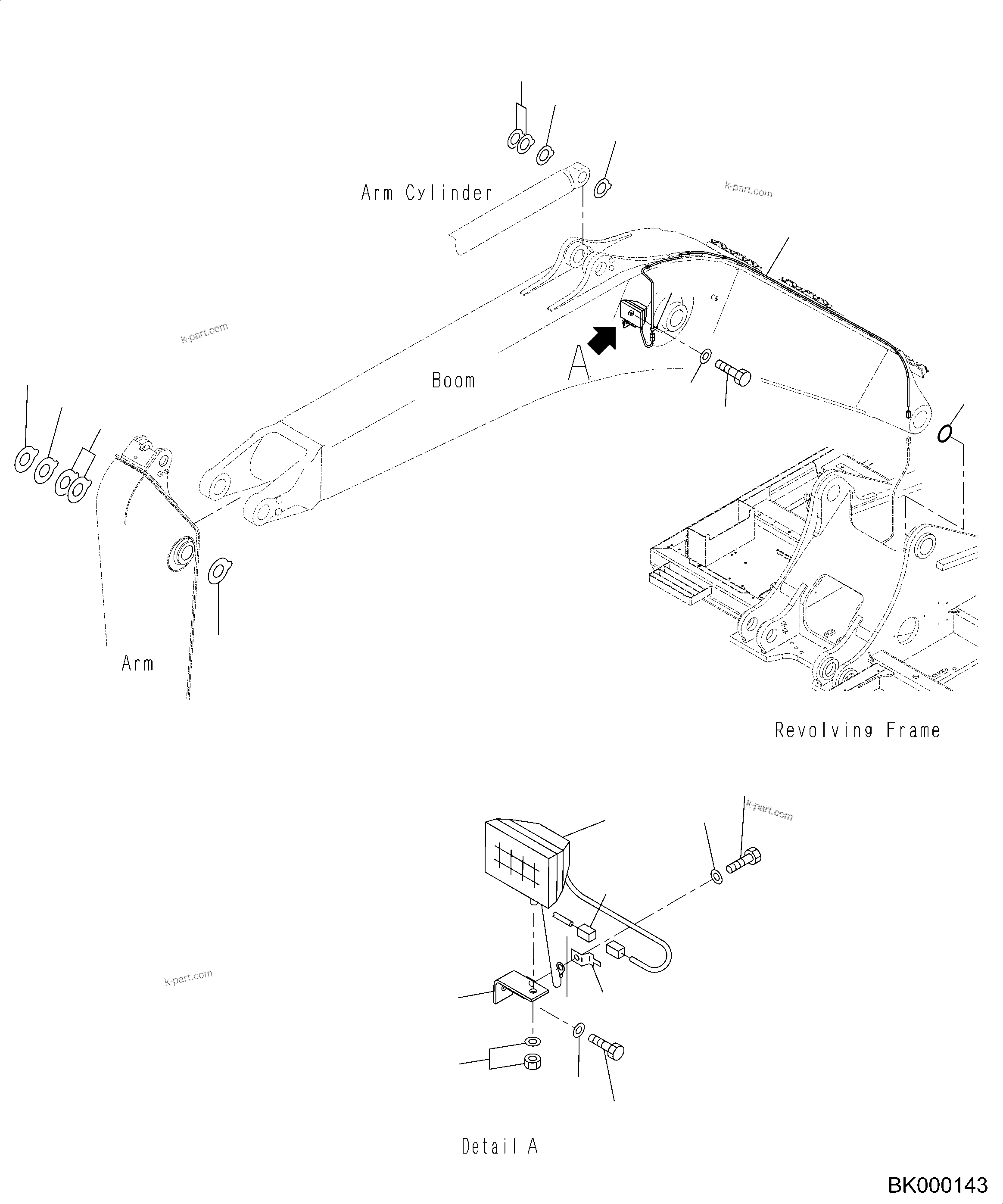 Komatsu parts book diagram for PC490LC-10 S/N K60001-UP: BOOM, 6700MM, 1-ATTACHMENT, WITH QUICK COUPLER, KUK, LUBRICATION PIPING (#K60025-UP)