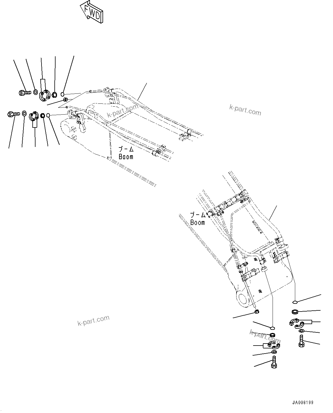 Komatsu parts book diagram for PC490LC-10 S/N K60001-UP: BOOM, 7100MM, 1-ATTACHMENT, WITH QUICK COUPLER, KUK, BLIND PARTS (2/2)