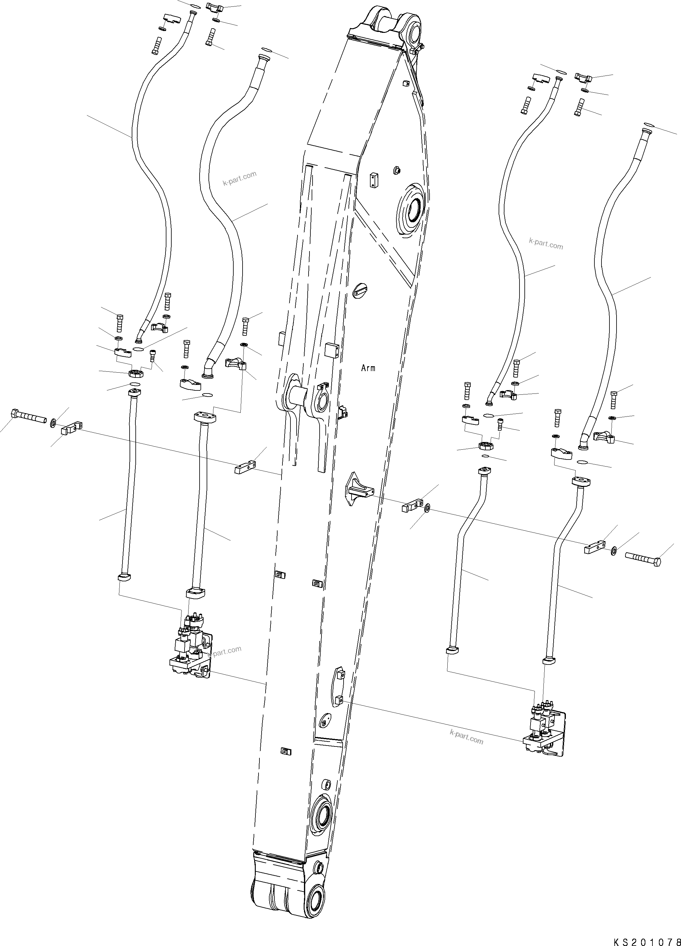 Komatsu parts book diagram for PC490LC-10 S/N K60001-UP: ARM, 4000MM, WITH 2-ADDITIONAL ACTUATOR PIPING, ACCUMULATOR, QUICK COUPLER, KUK, ADDITIONAL PIPING