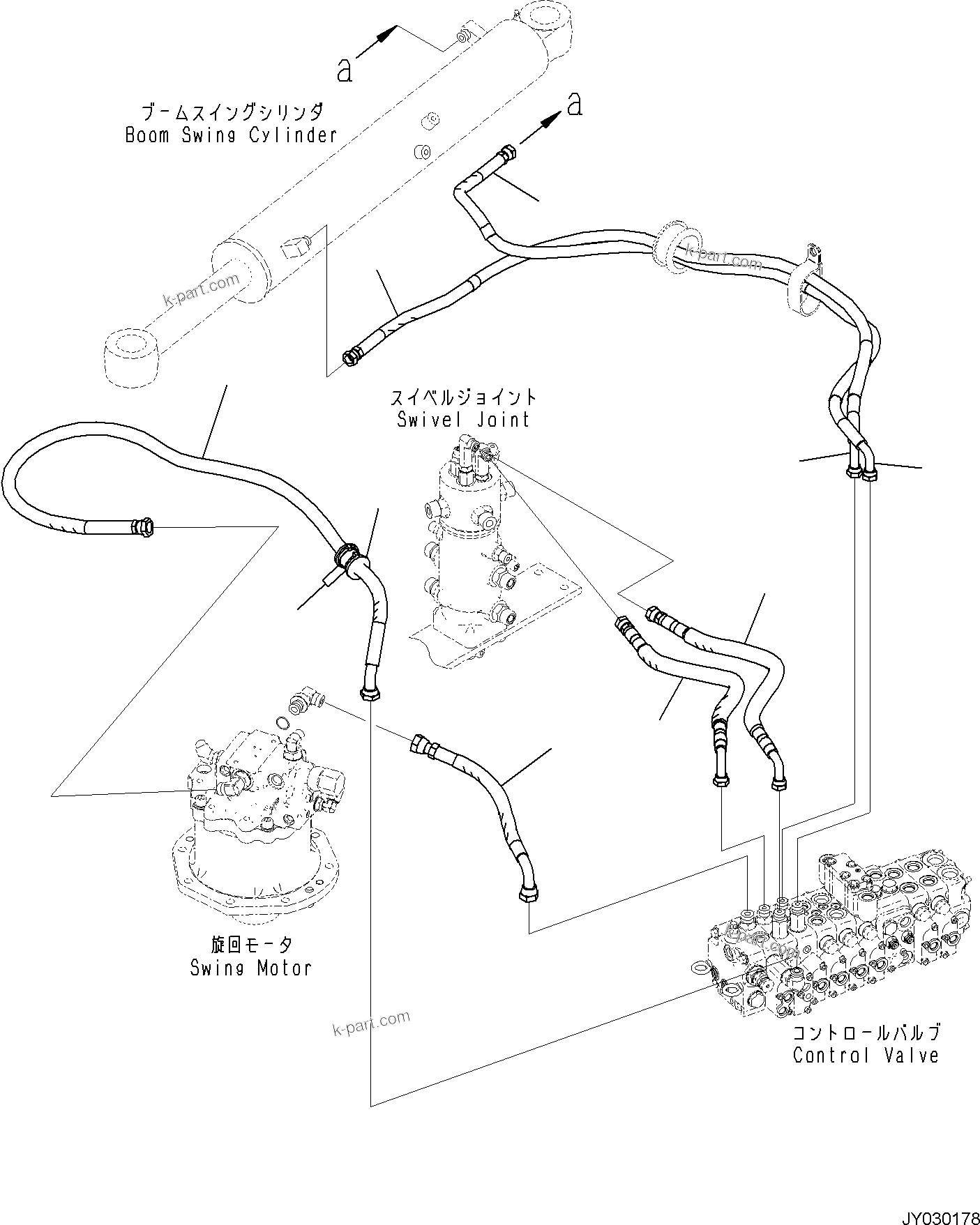 Komatsu parts book diagram for PC55MR-5E0 S/N 9101 AND UP: ACTUATOR PIPING, CONTROL VALVE TO SWIVEL JOINT, SWING MOTOR AND BOOM SWING CYLINDER