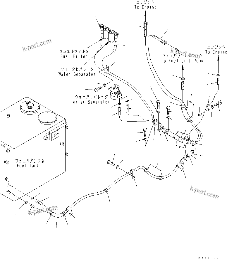 Komatsu parts book diagram for PW150ES-6K S/N K30001-UP: FUEL LINE (PIPING) (WITH WATER SEPARATOR)(#K30001-K35000)