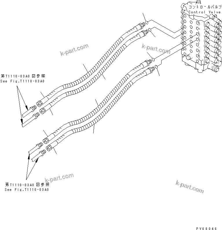Komatsu parts book diagram for PW150ES-6K S/N K30001-UP: ARM AND BUCKET LINE (FOR 1-PIECE BOOM)