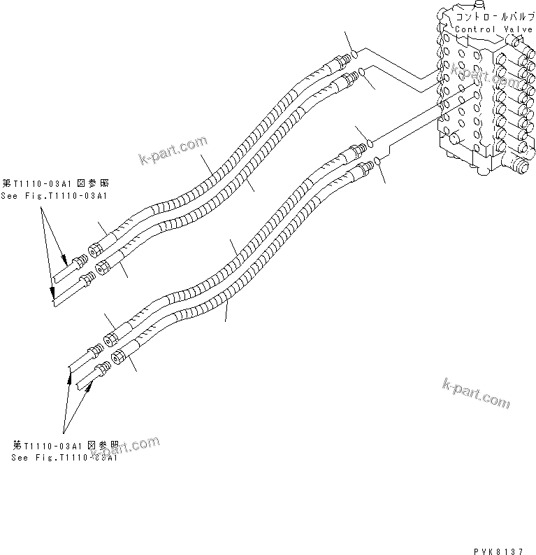 Komatsu parts book diagram for PW150ES-6K S/N K30001-UP: ARM AND BUCKET LINE (FOR 2-PIECES BOOM)