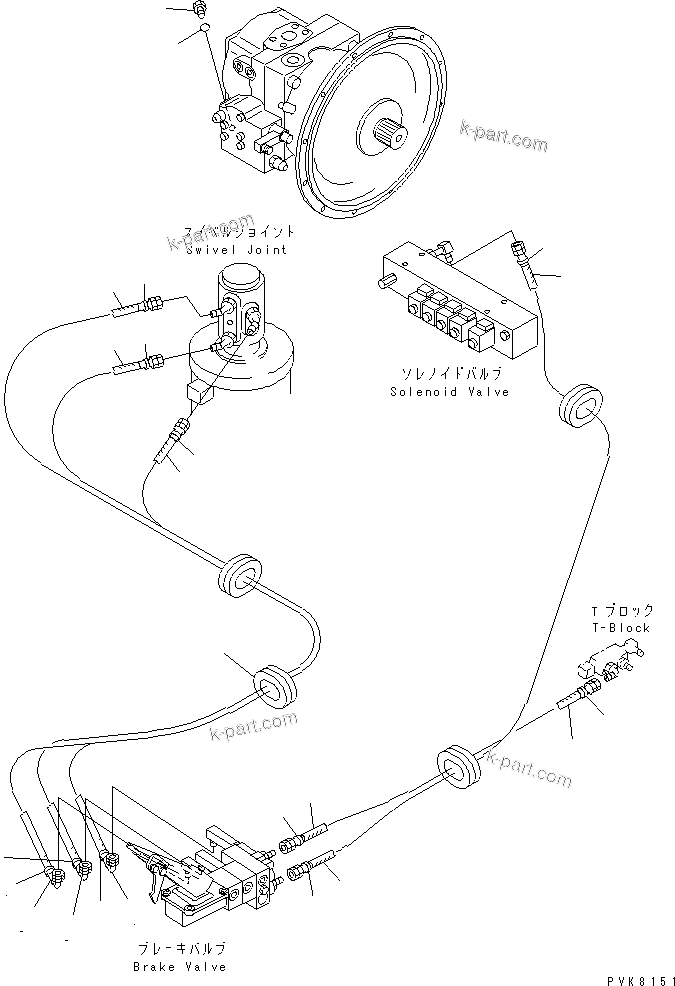 Komatsu parts book diagram for PW150ES-6K S/N K30001-UP: BRAKE LINE (VALVE TO SWIVEL JOINT)