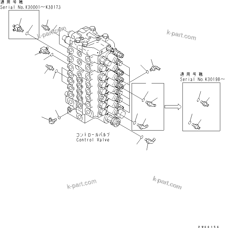 Komatsu parts book diagram for PW150ES-6K S/N K30001-UP: P.P.C. MAIN LINE (CONTROL VALVE CONNECTING PARTS)