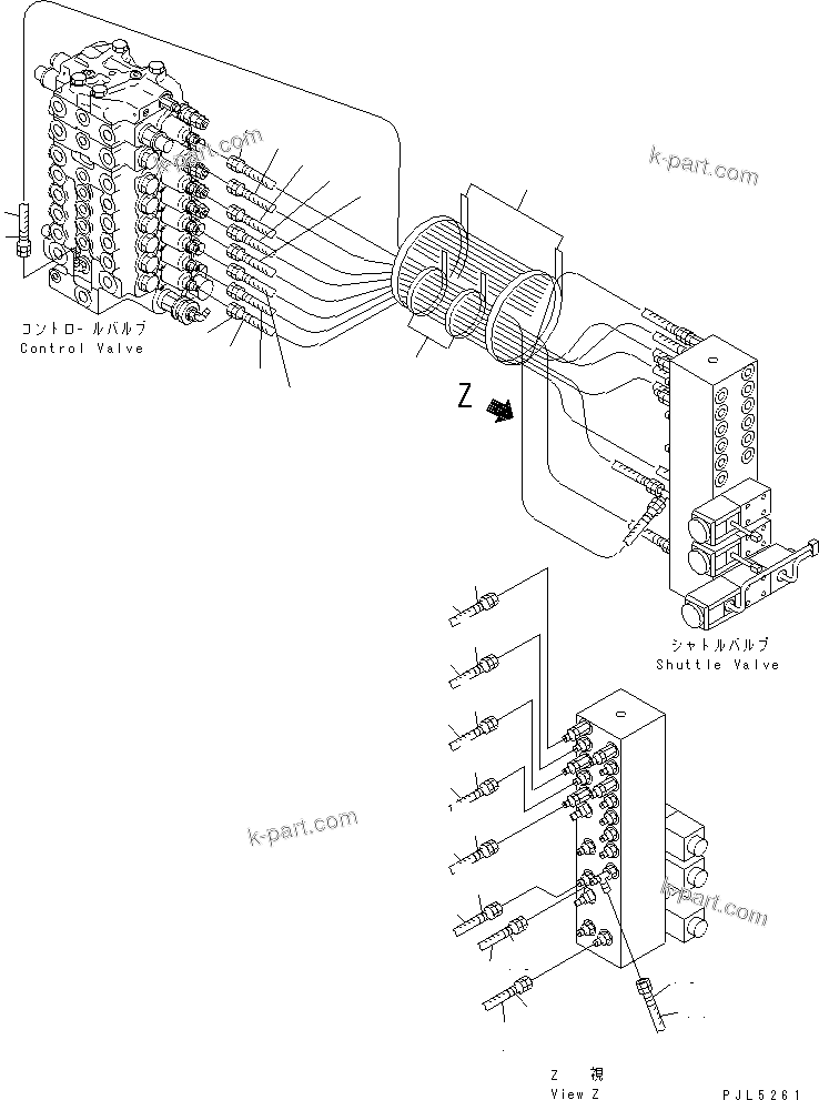 Komatsu parts book diagram for PW150ES-6K S/N K30001-UP: P.P.C. MAIN LINE (VALVE P.P.C. LINES) (L.H.)(#K30198-)
