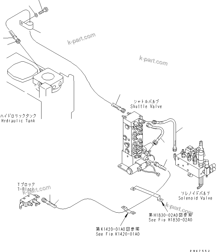 Komatsu parts book diagram for PW150ES-6K S/N K30001-UP: SHUTTLE VALVE LINE (T-PORT PIPING)