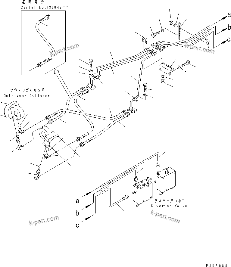 Komatsu parts book diagram for PW150ES-6K S/N K30001-UP: FRONT OUTRIGGER AND REAR DOZER PIPING (1/4)