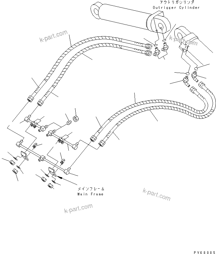 Komatsu parts book diagram for PW150ES-6K S/N K30001-UP: FRONT DOZER AND REAR OUTRIGGER PIPING (2/4)