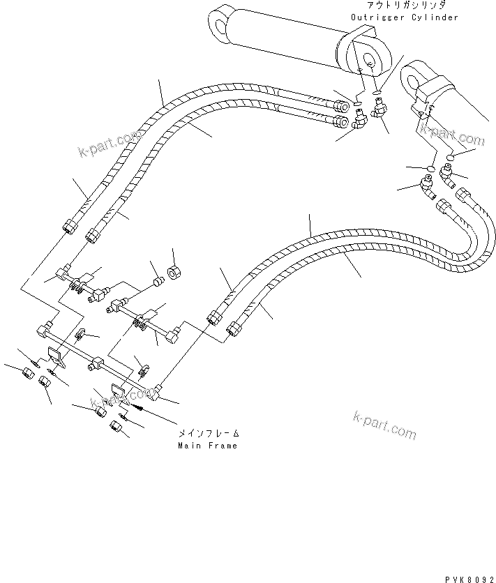 Komatsu parts book diagram for PW150ES-6K S/N K30001-UP: FOUR OUTRIGGER PIPING (2/4)