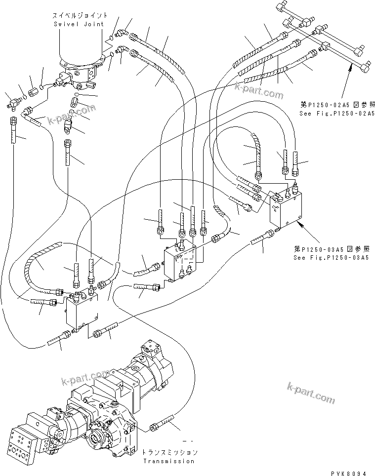 Komatsu parts book diagram for PW150ES-6K S/N K30001-UP: FOUR OUTRIGGER PIPING (4/4)